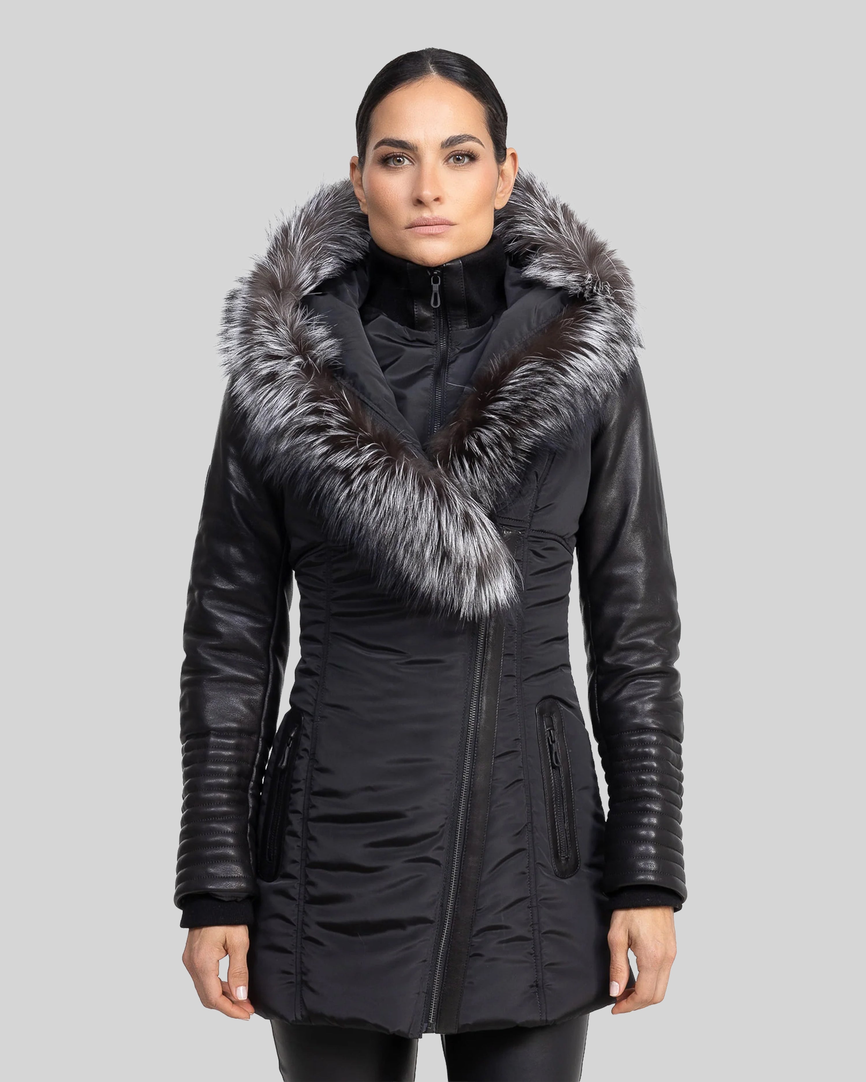 Melania - Silver Fox Puffer Jacket With Leather Sleeves – Dimitri