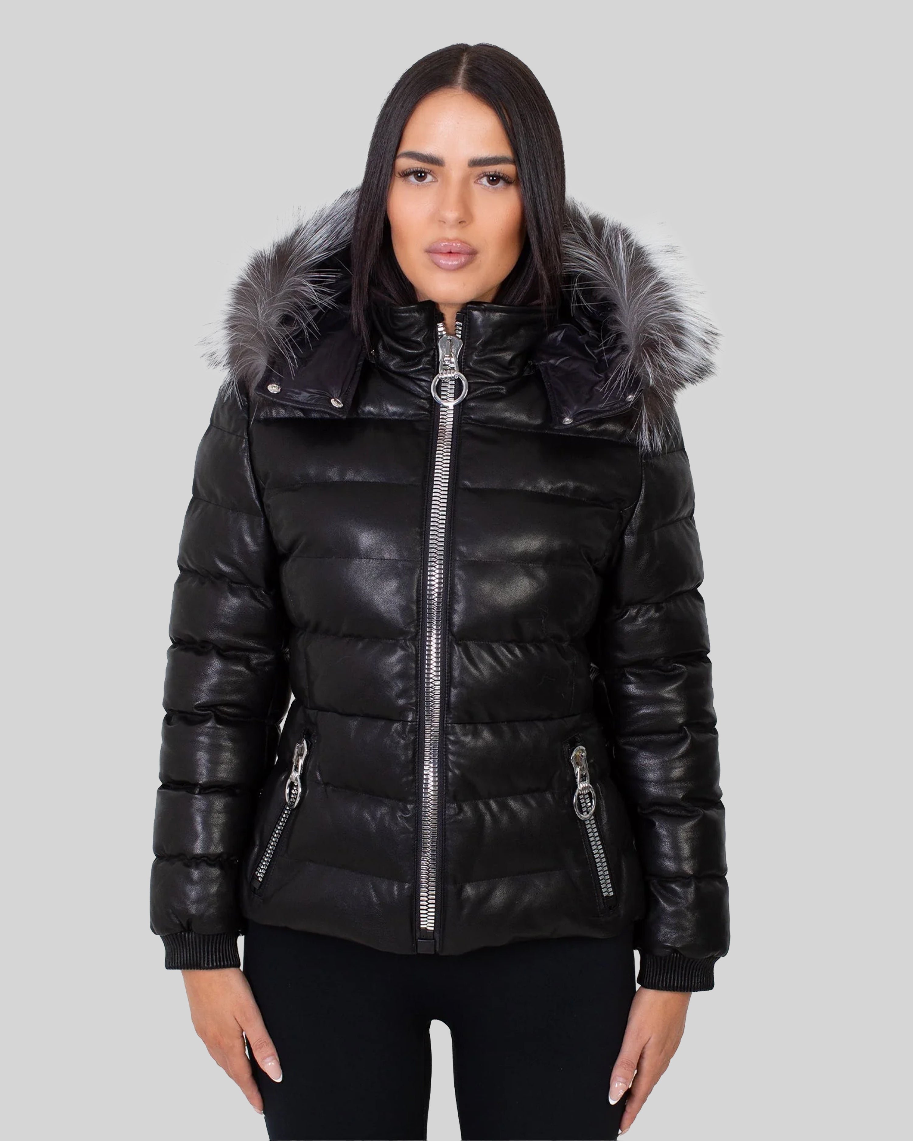 アイレネ　FUR HOODED LEATHER JACKET 滝沢カレン　着用 Leslie Leather Parka – Silver Fox – Dimitri