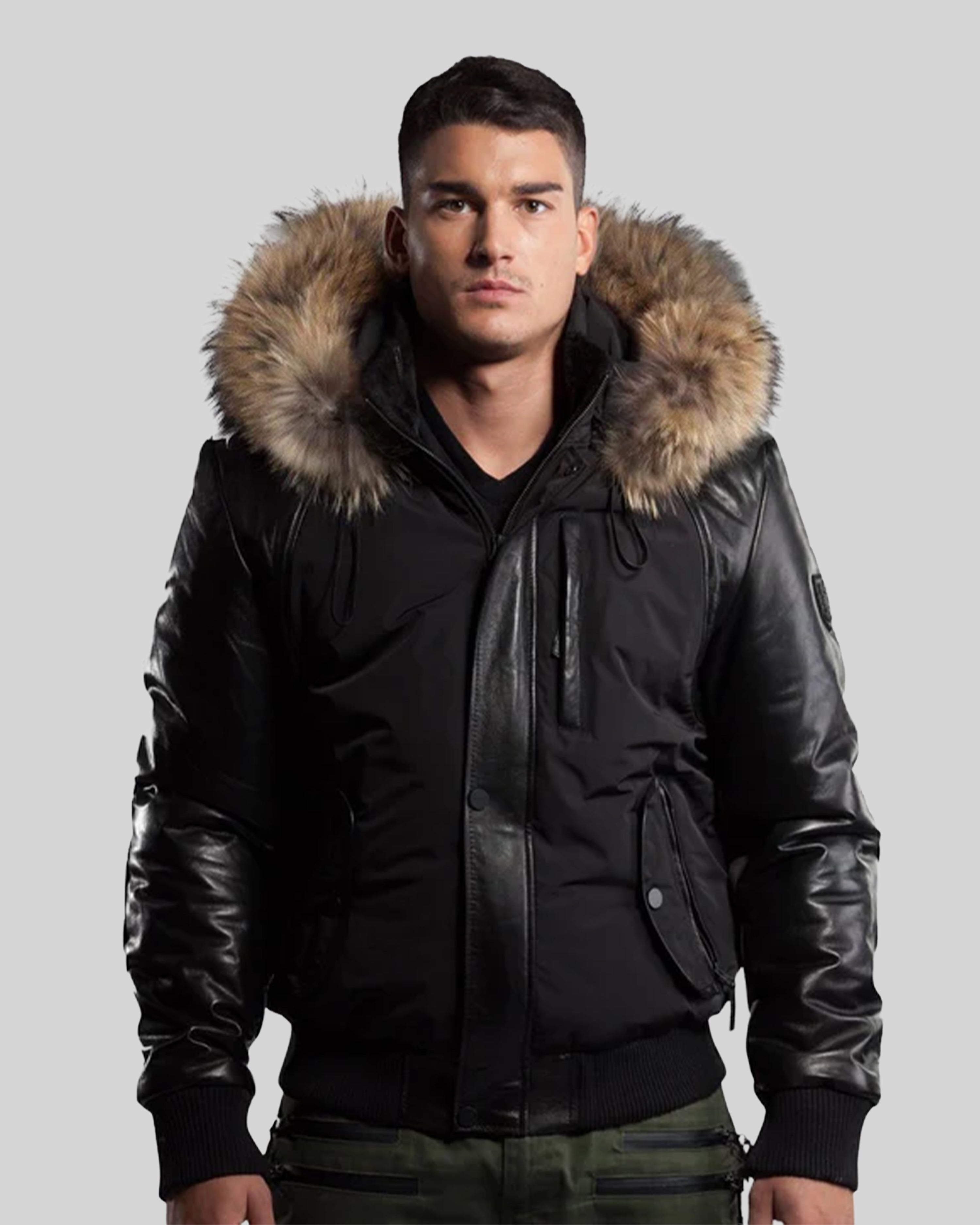 Victor Men's Winter Jacket Leather Sleeves With Natural Fur