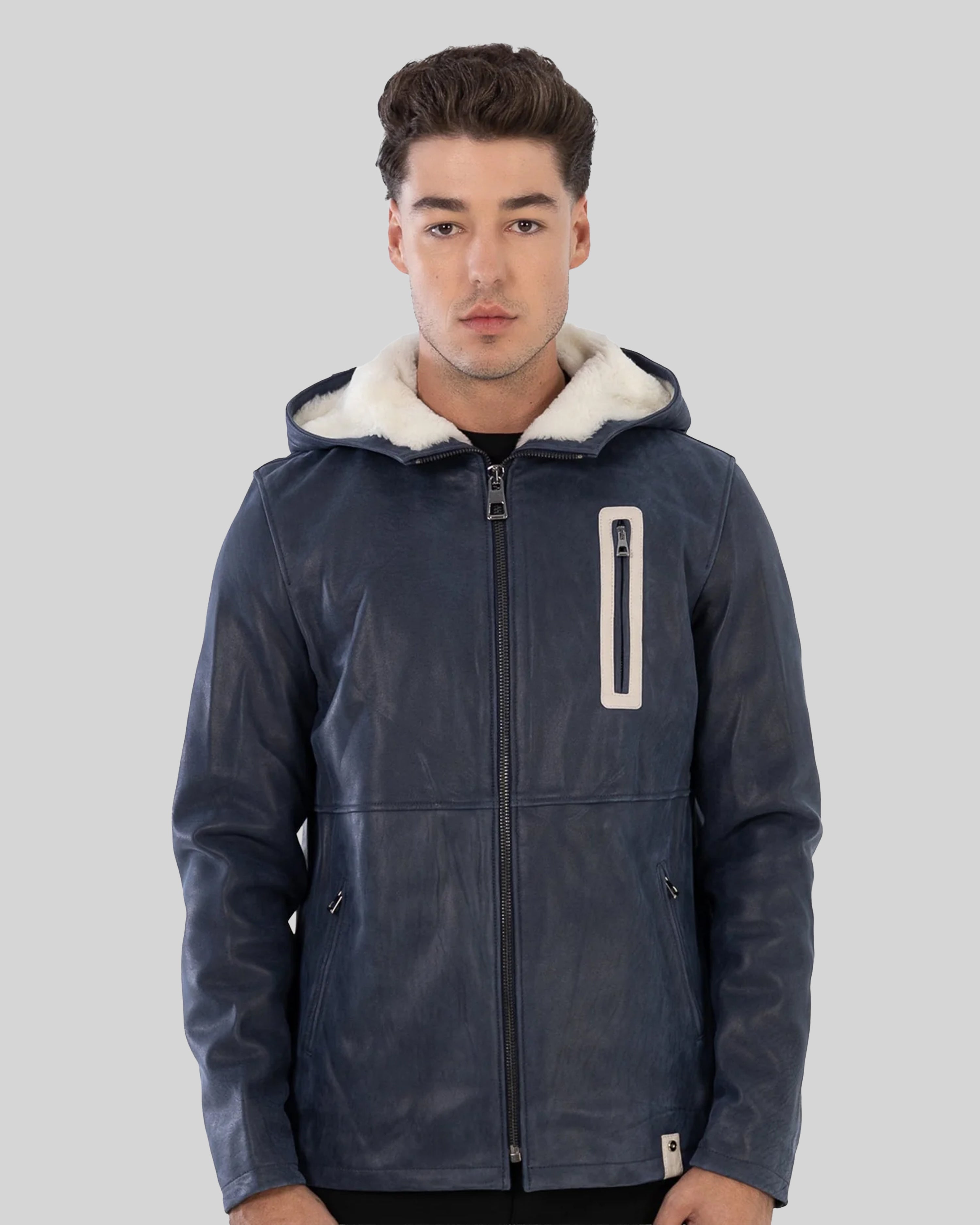 Philippe Leather Jacket - Contrast white shearling hood lining