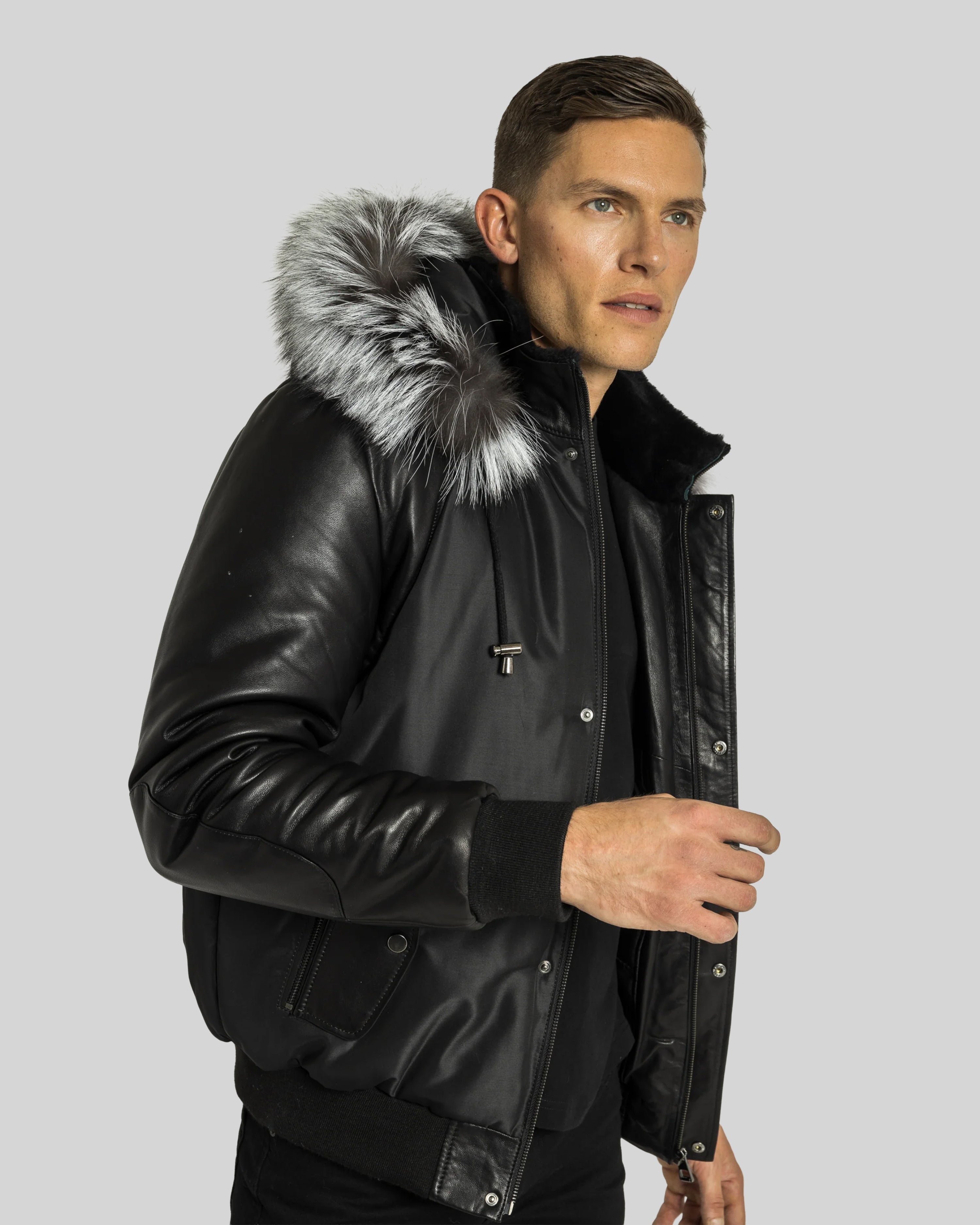 Victor Men's Winter Jacket Leather Sleeves With Silver Fox