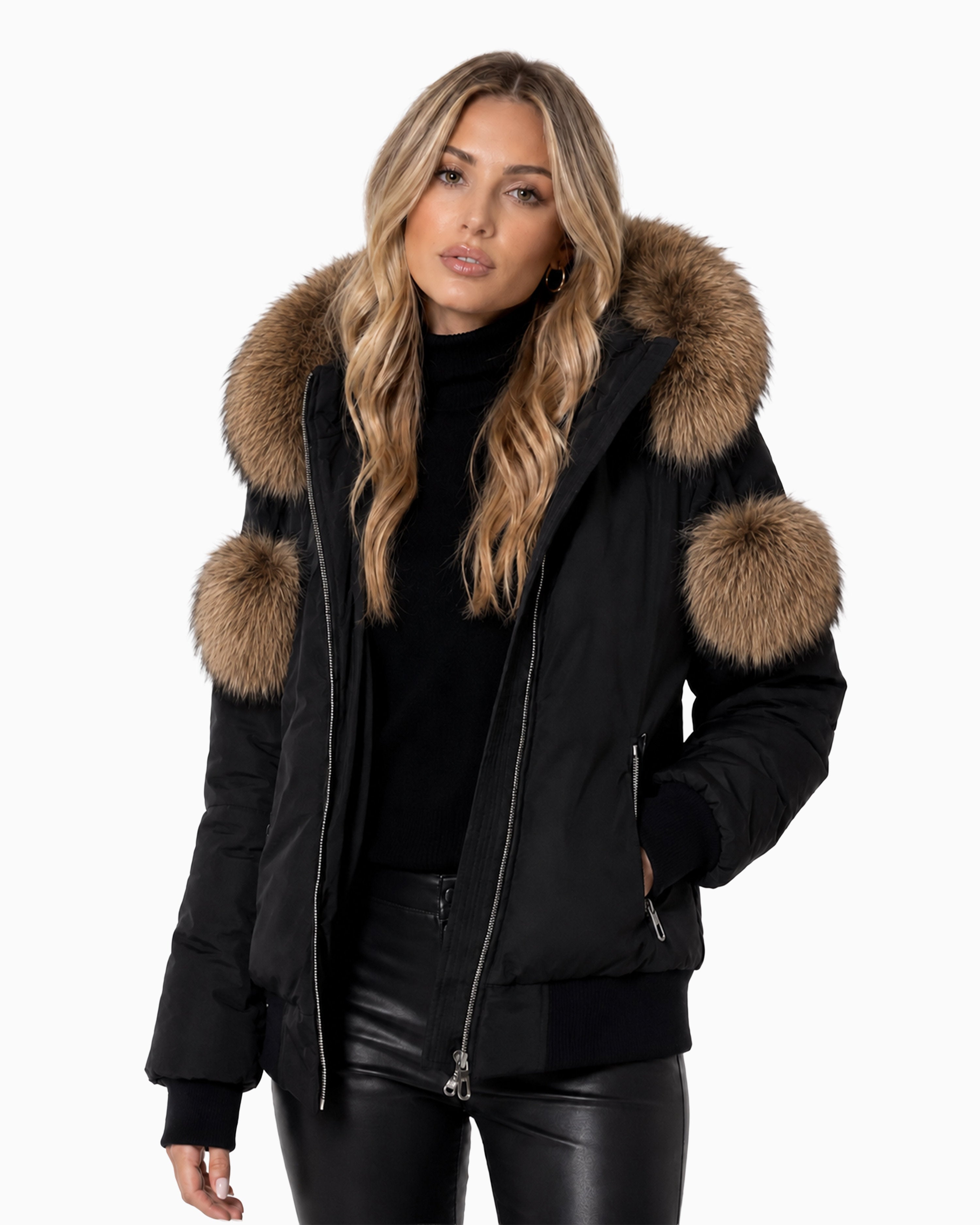 ARIA Brown Fox Fur Bomber Jacket-thumbmail-3