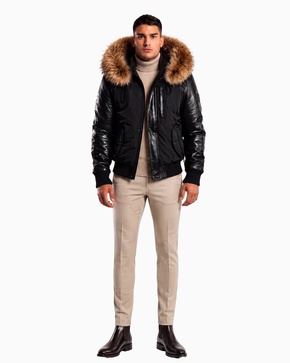 Victor Men's Winter Jacket Leather Sleeves With Natural Fur