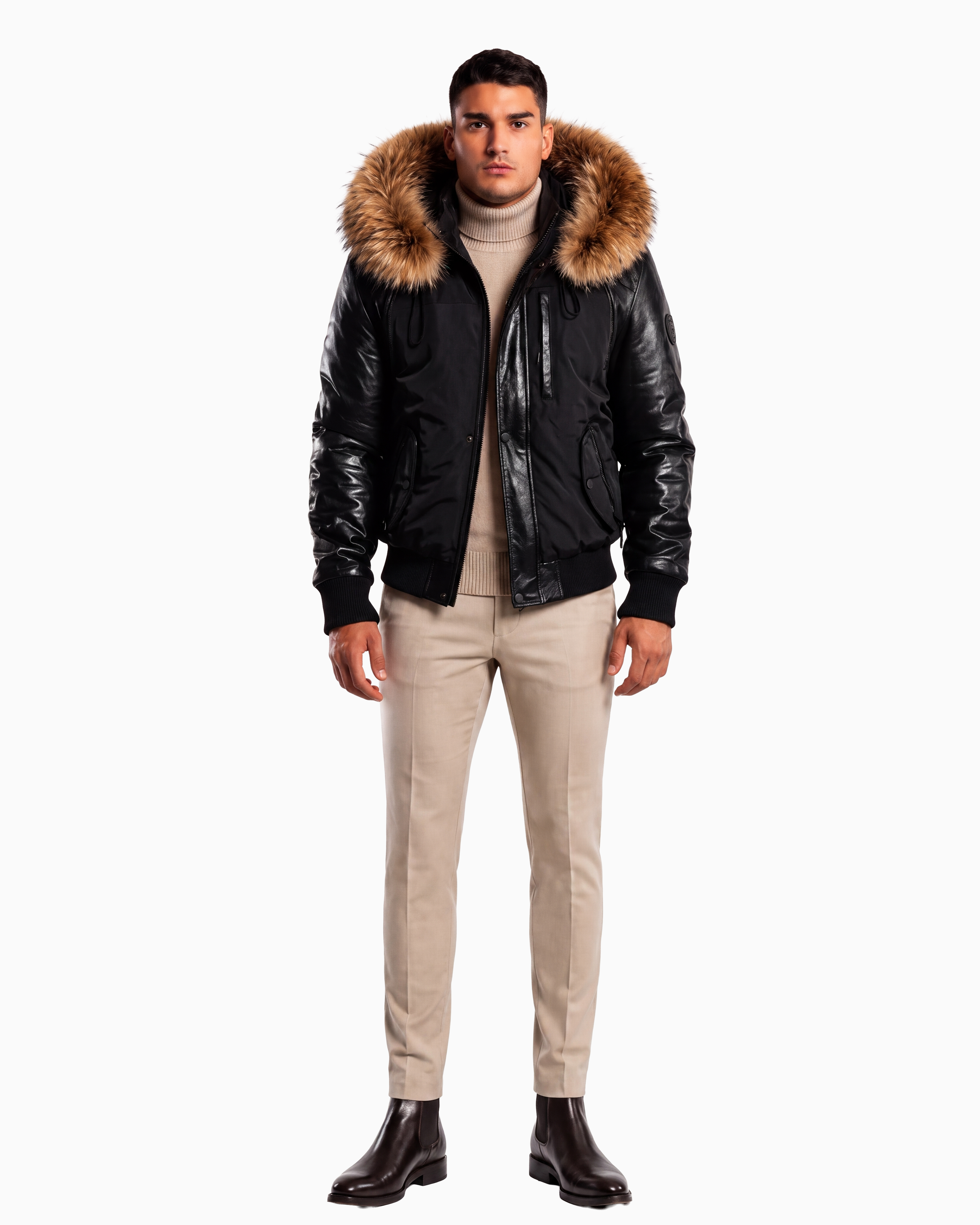 Victor Men's Winter Jacket Leather Sleeves With Natural Fur-thumbmail-1