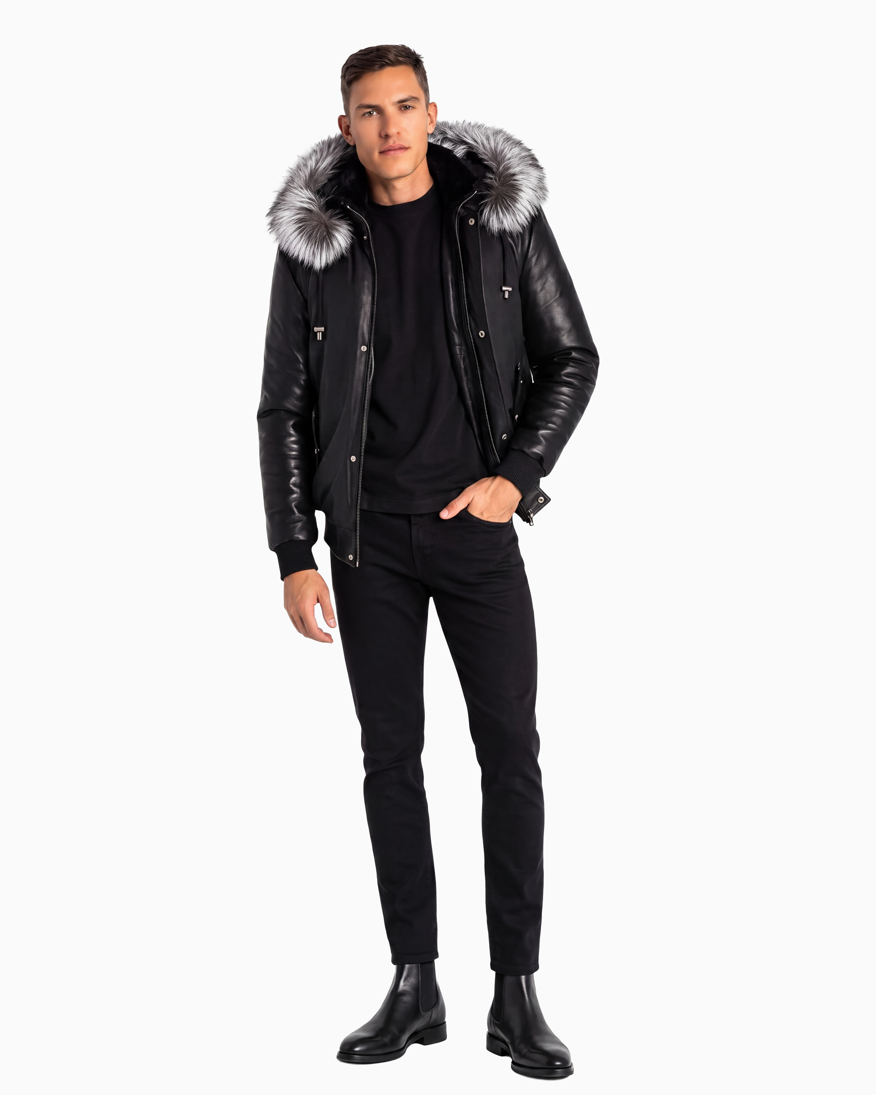 Victor Men's Winter Jacket Leather Sleeves With Silver Fox
