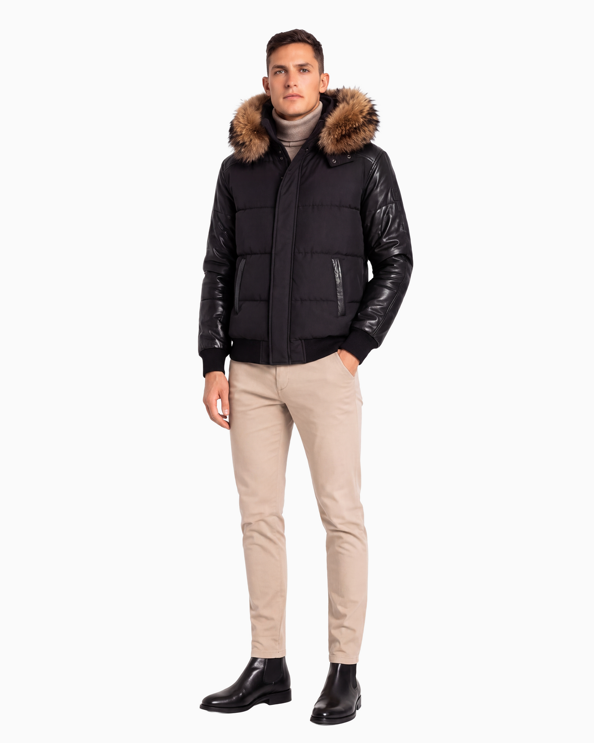 Lorenzo Down Bomber With Leather Sleeves