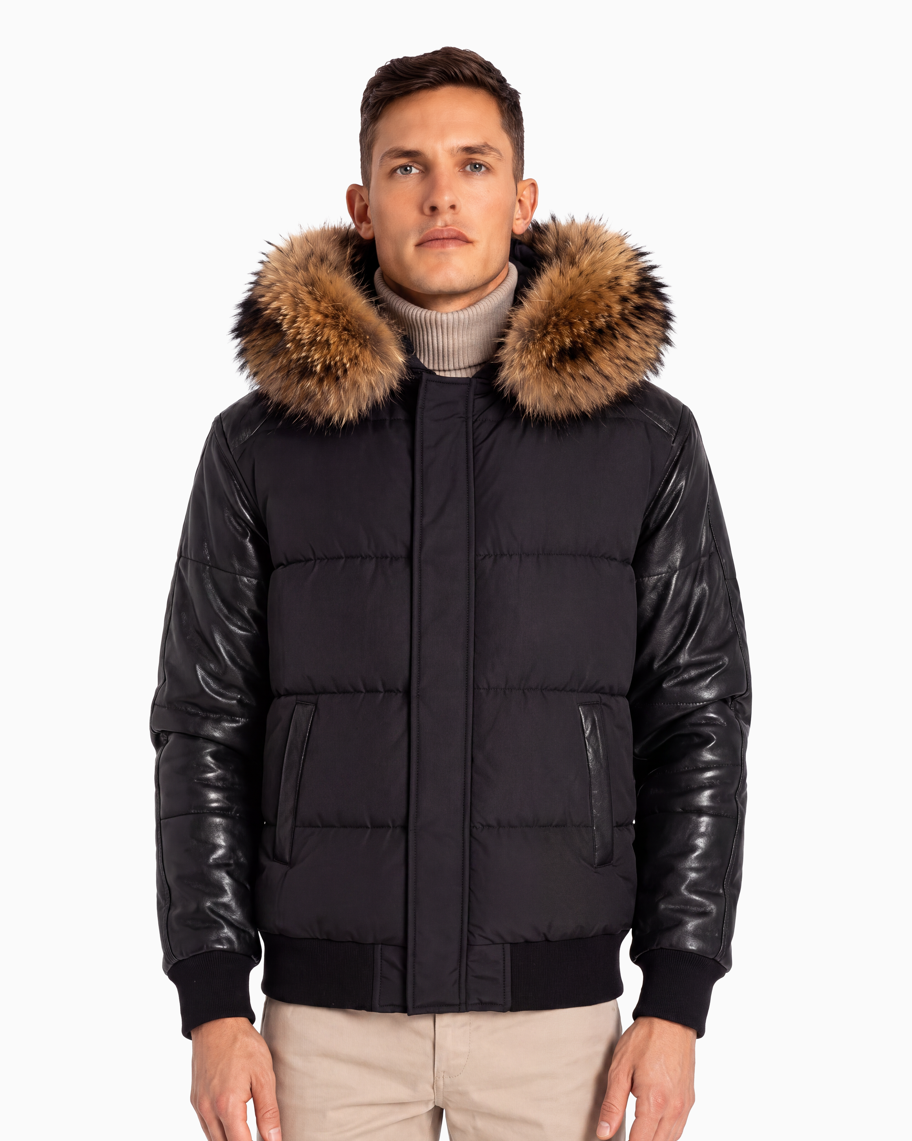 Lorenzo Down Bomber With Leather Sleeves