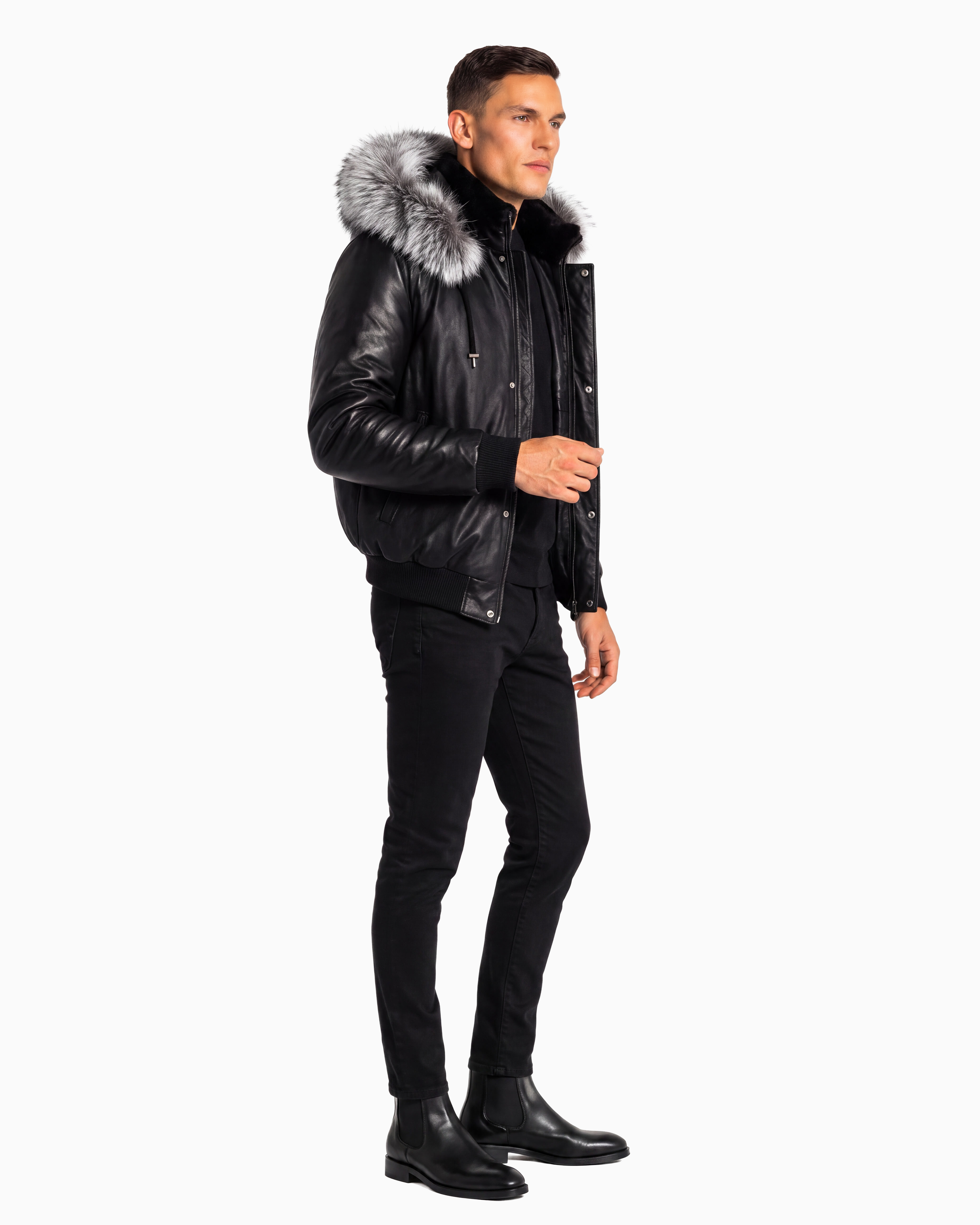 Victor Men's Winter Jacket Leather Sleeves With Silver Fox-thumbmail-4