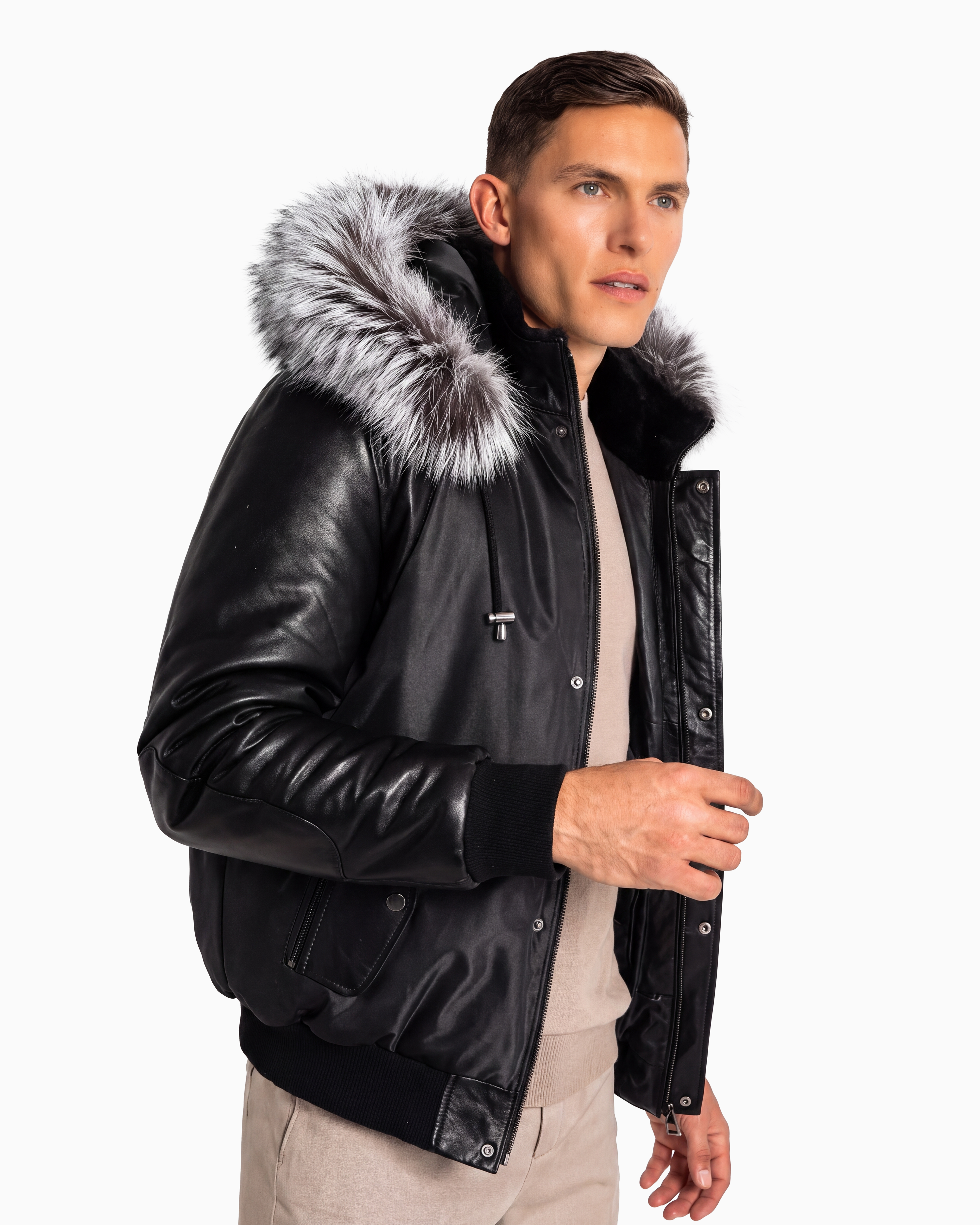 Victor Men's Winter Jacket Leather Sleeves With Silver Fox