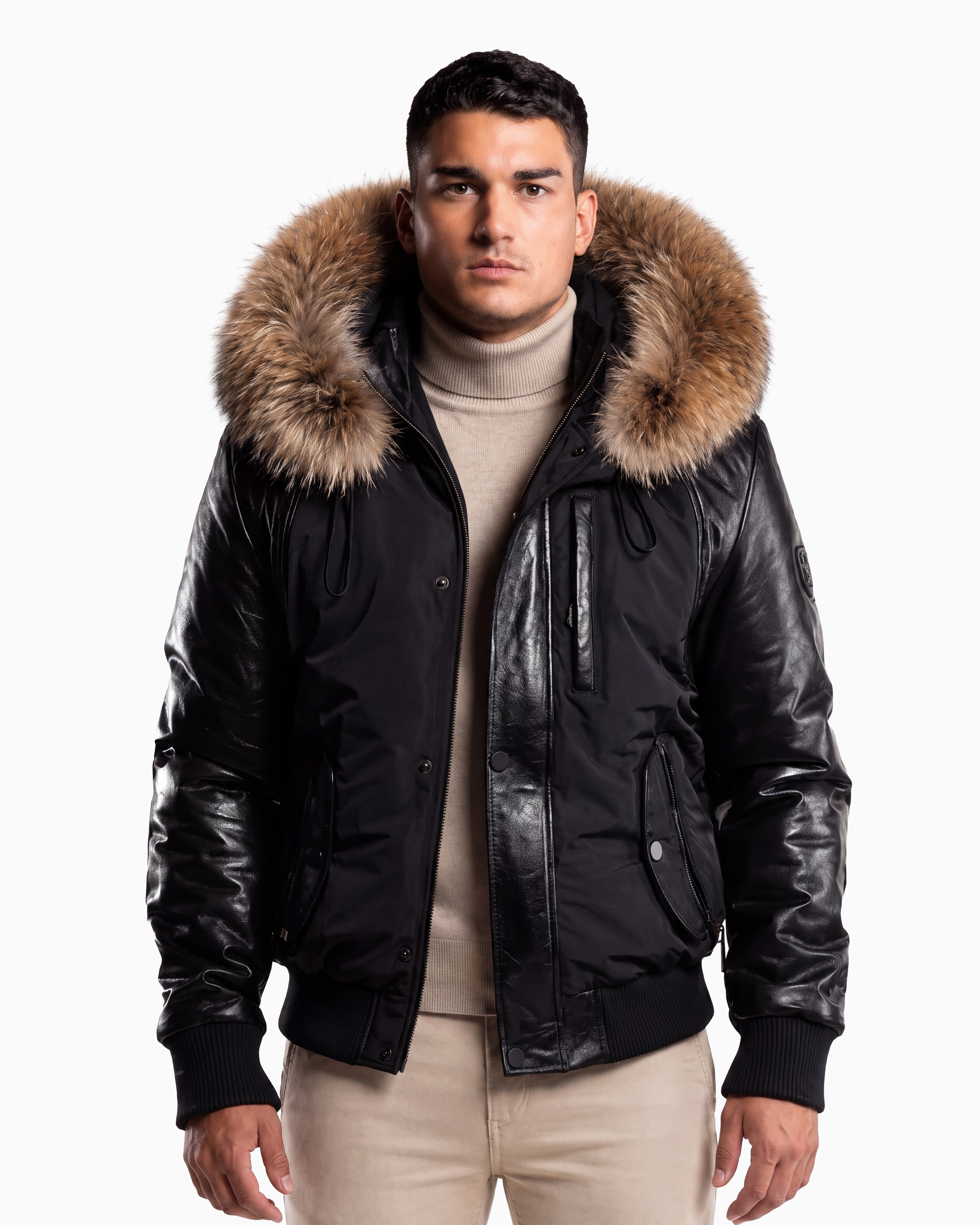 Victor Men's Winter Jacket Leather Sleeves With Natural Fur