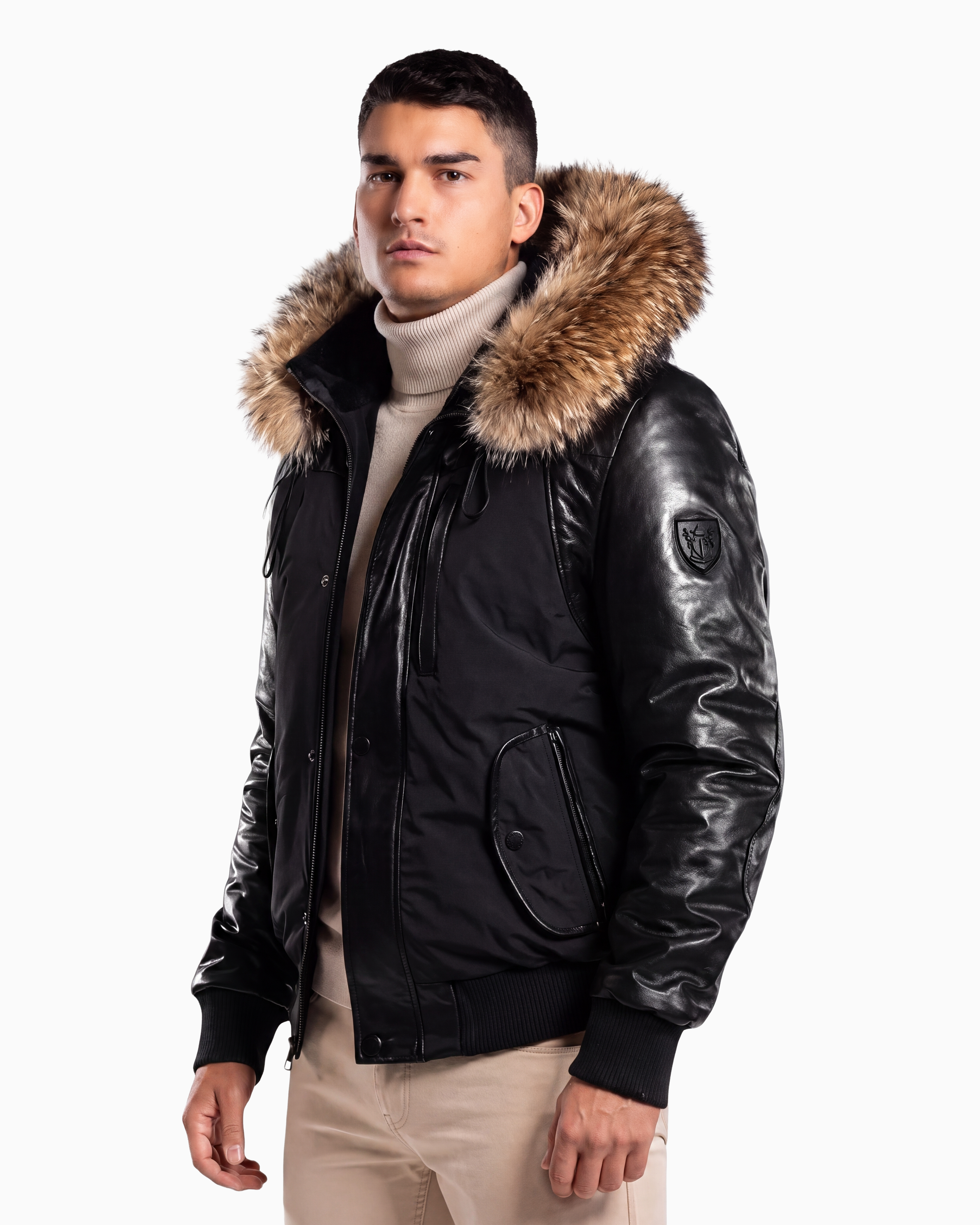 Victor Men's Winter Jacket Leather Sleeves With Natural Fur-thumbmail-3