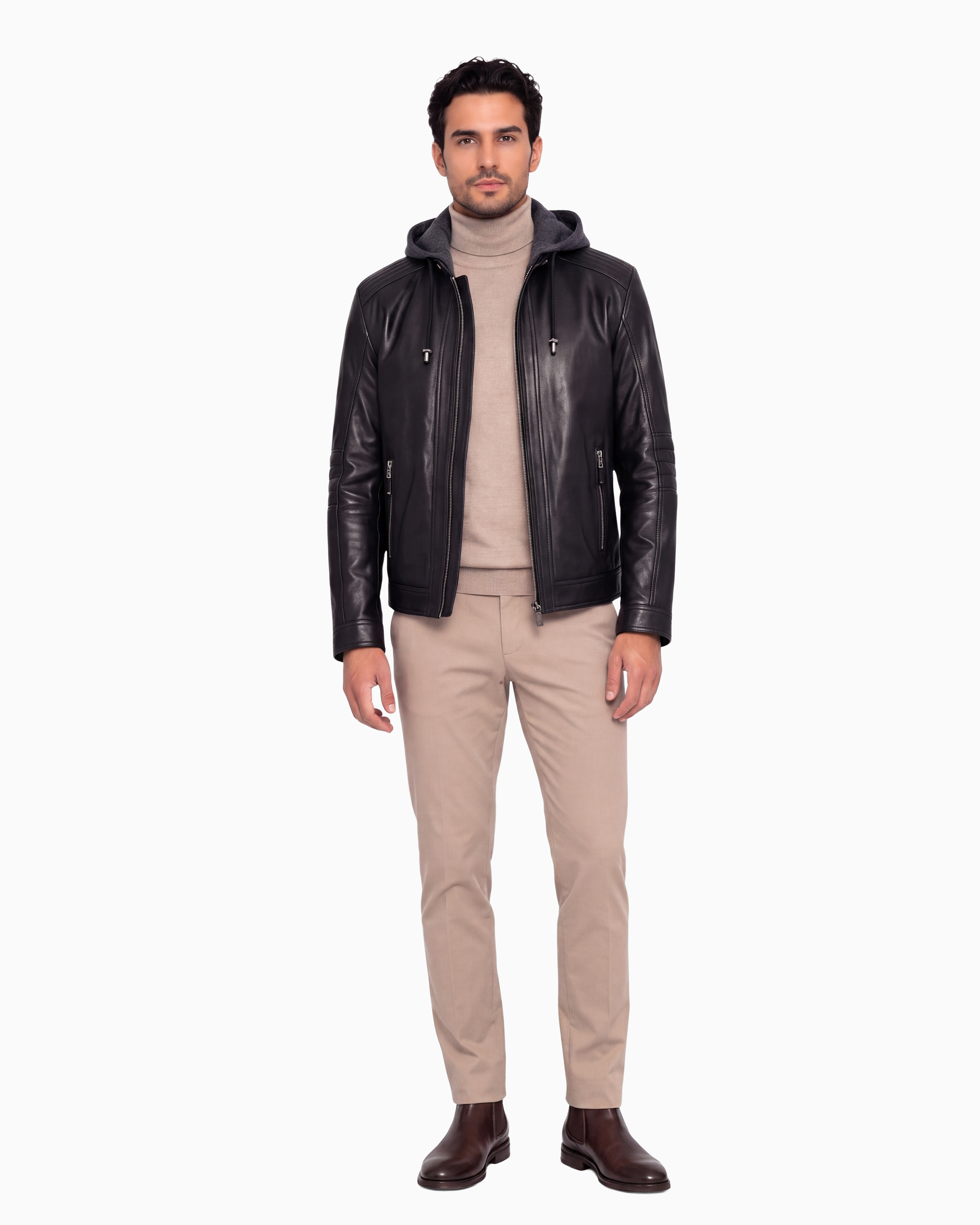 Andrew biker Leather Jacket with Removable Hood