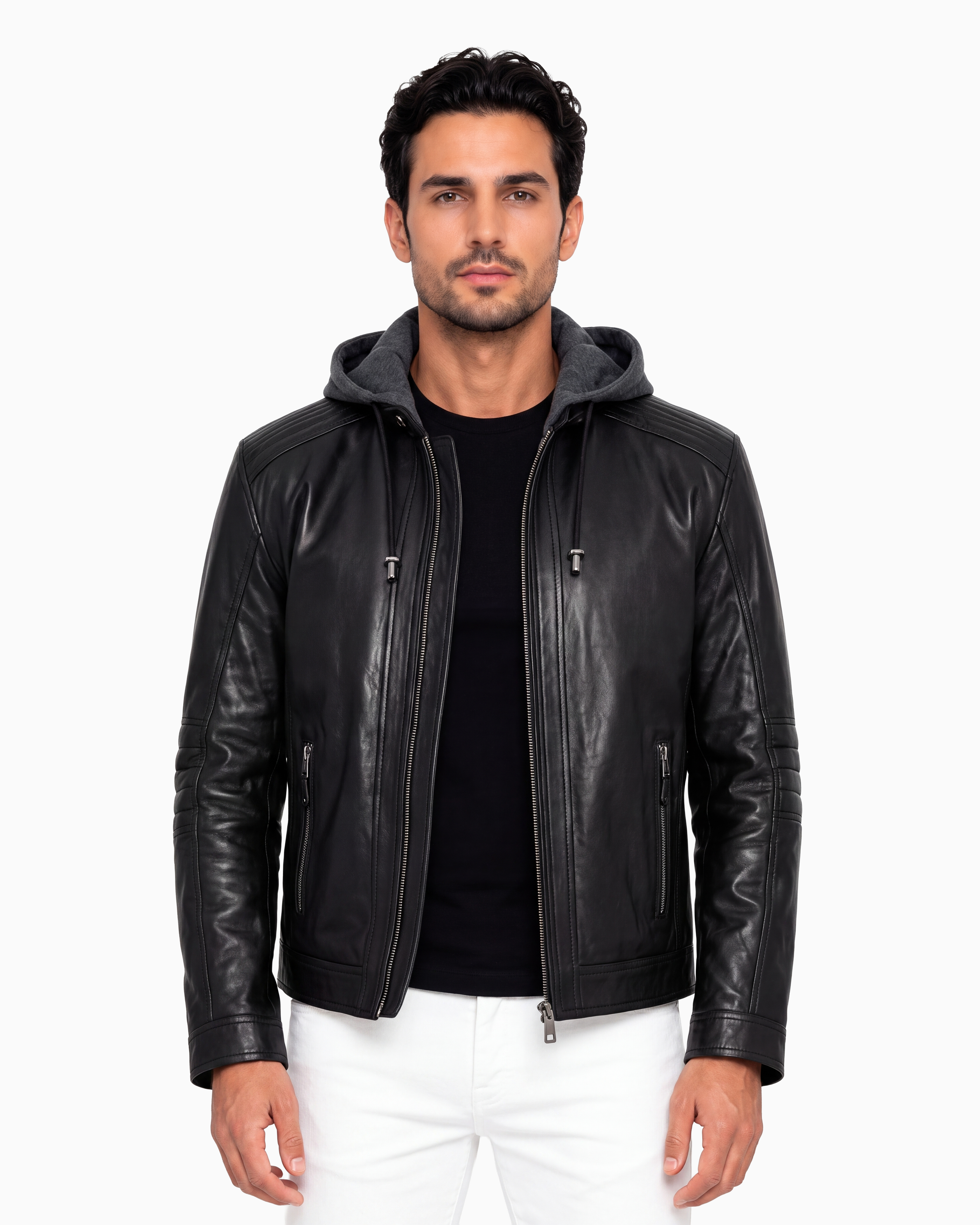 Andrew biker Leather Jacket with Removable Hood