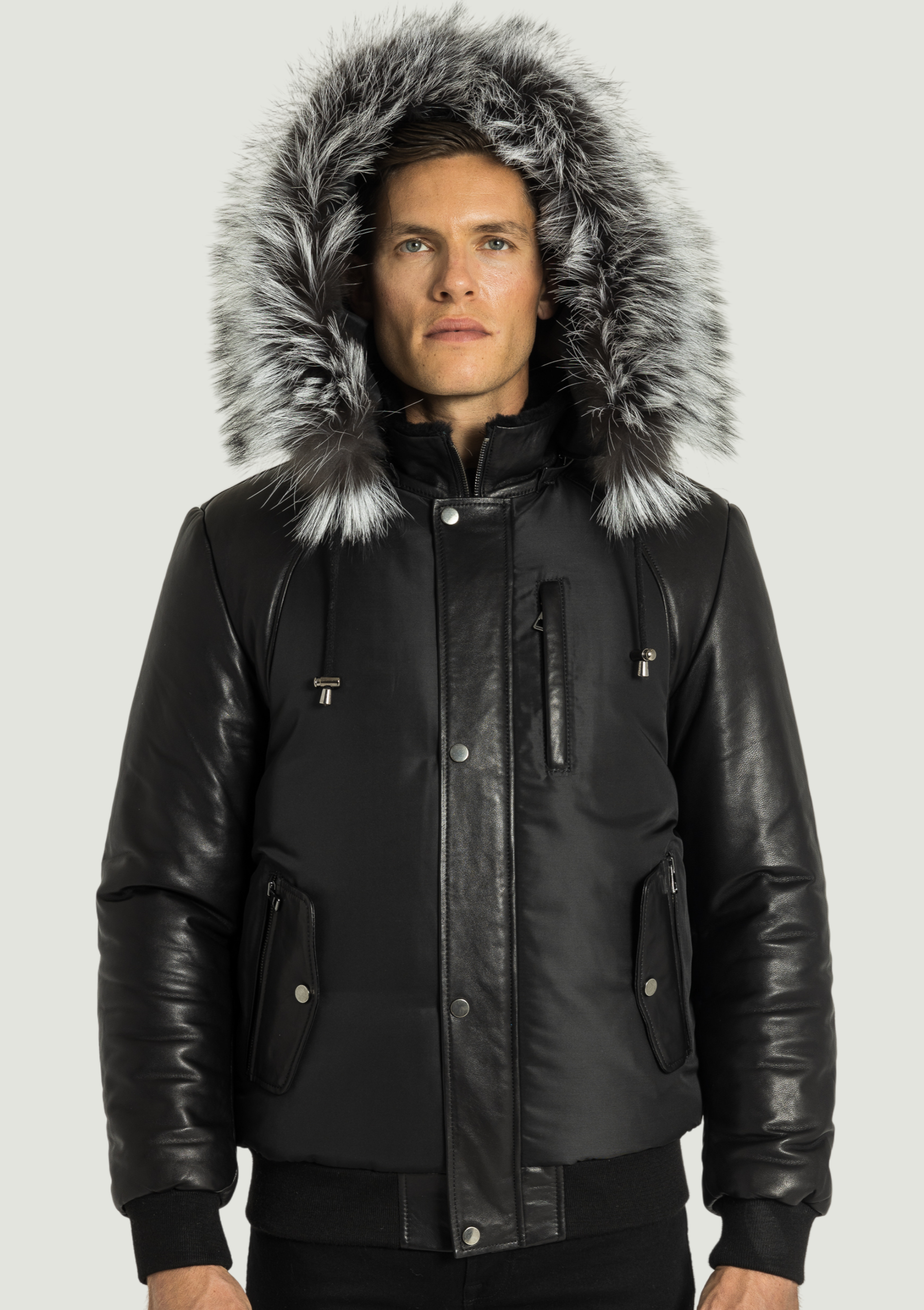 Victor Men's Winter Jacket Leather Sleeves With Silver Fox – Dimitri