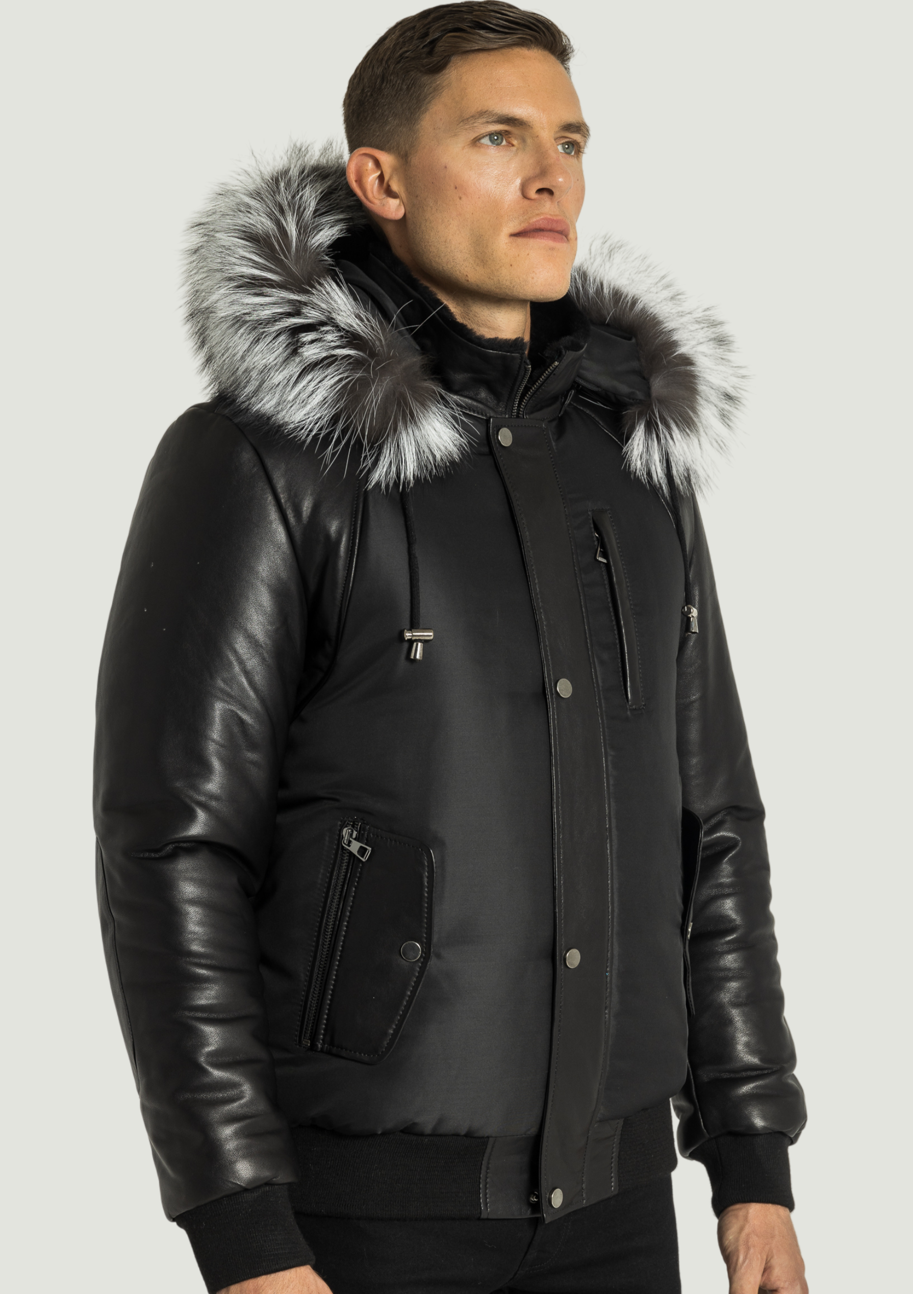 Victor Men's Winter Jacket Leather Sleeves With Silver Fox – Dimitri