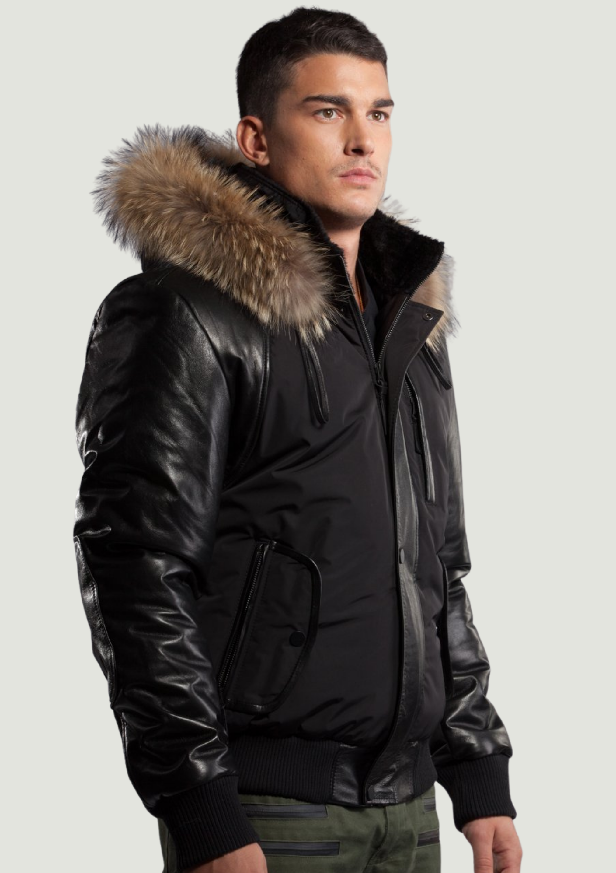 Victor Men's Winter Jacket Leather Sleeves With Natural Fur-4