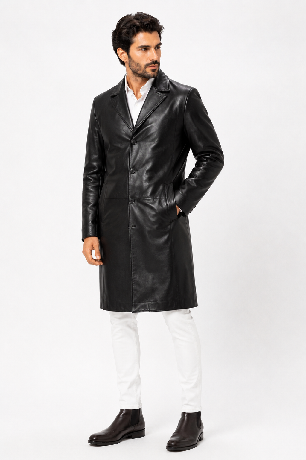 Classic Black Lambskin Leather Overcoat-thumbmail-1