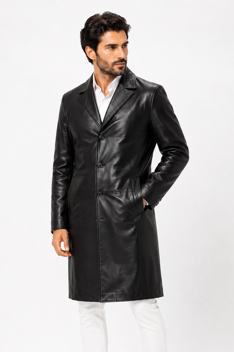 Classic Black Lambskin Leather Overcoat-thumbmail-1