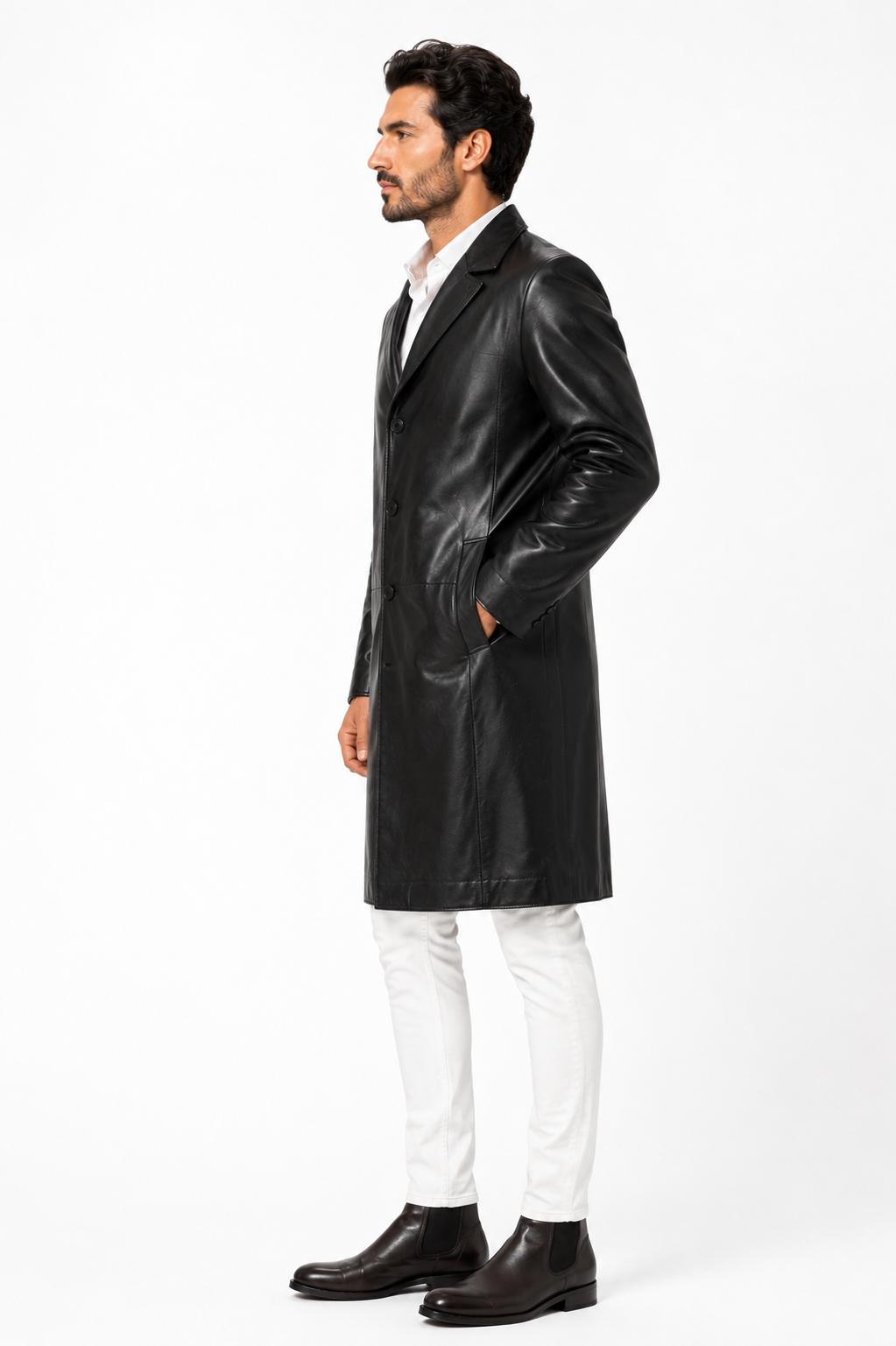 Classic Black Lambskin Leather Overcoat-thumbmail-2