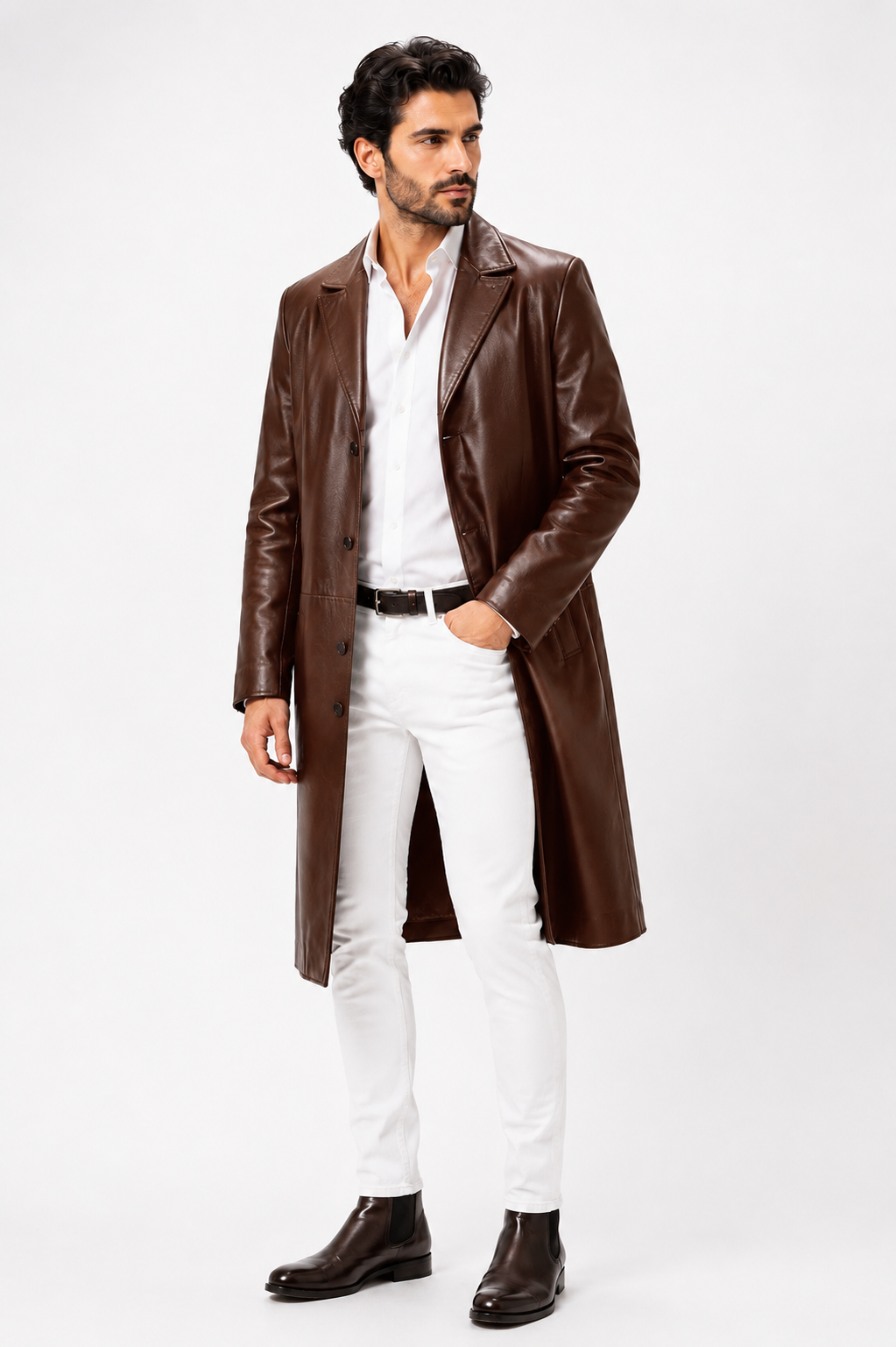 Classic Black Lambskin Leather Overcoat-thumbmail-4
