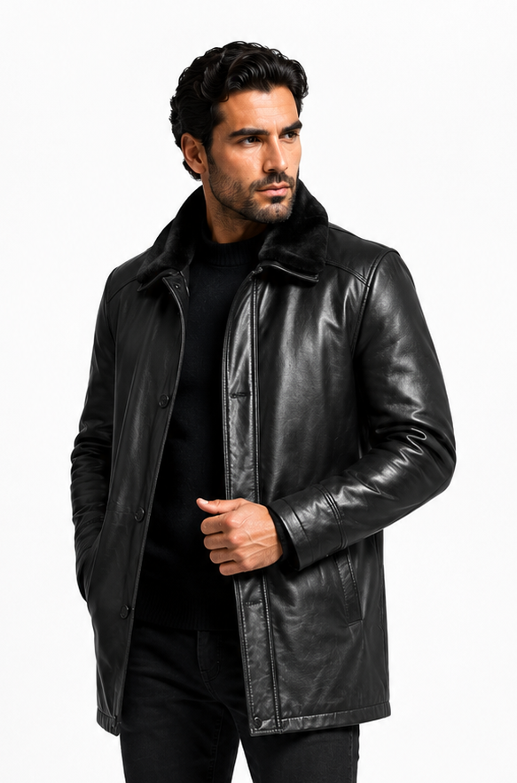 Premium Lambskin Leather Jacket with Removable Shearling Collar