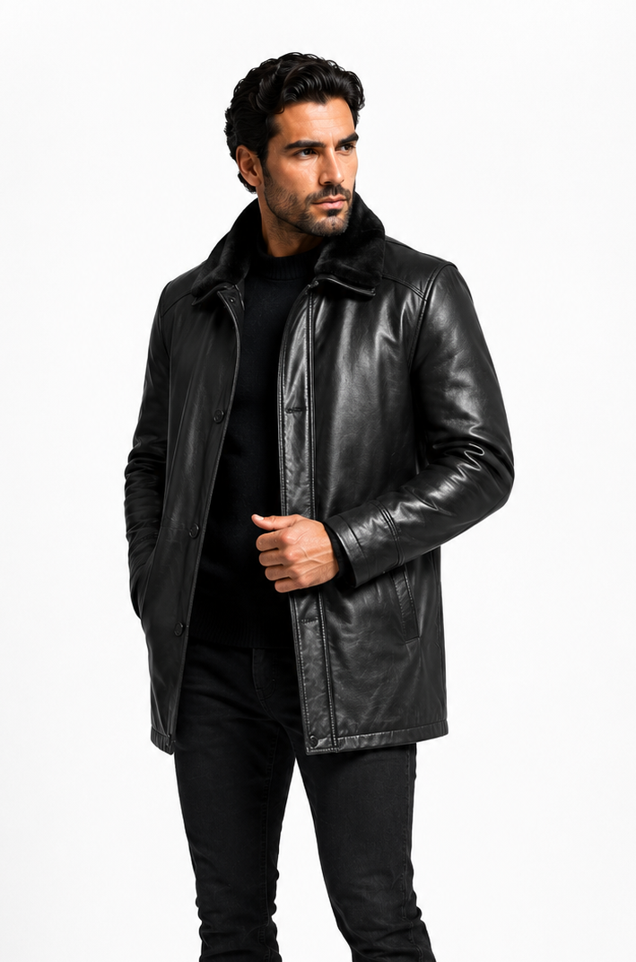 Premium Lambskin Leather Jacket with Removable Shearling Collar-thumbmail-1
