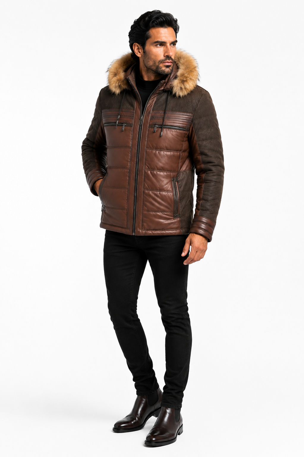 Eric Men's Premium Leather  Jacket with Natural Fur Hood-thumbmail-1
