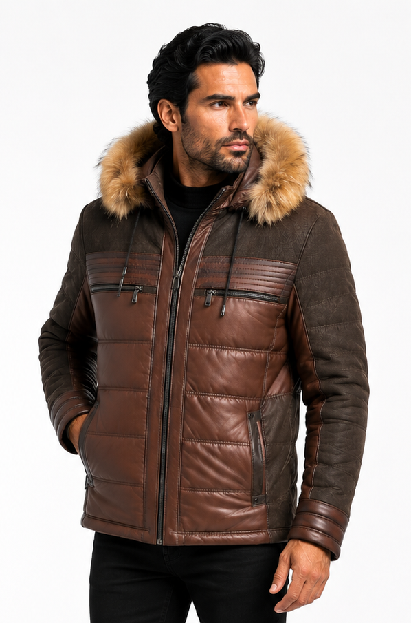 Eric Men's Premium Leather  Jacket with Natural Fur Hood-thumbmail-1