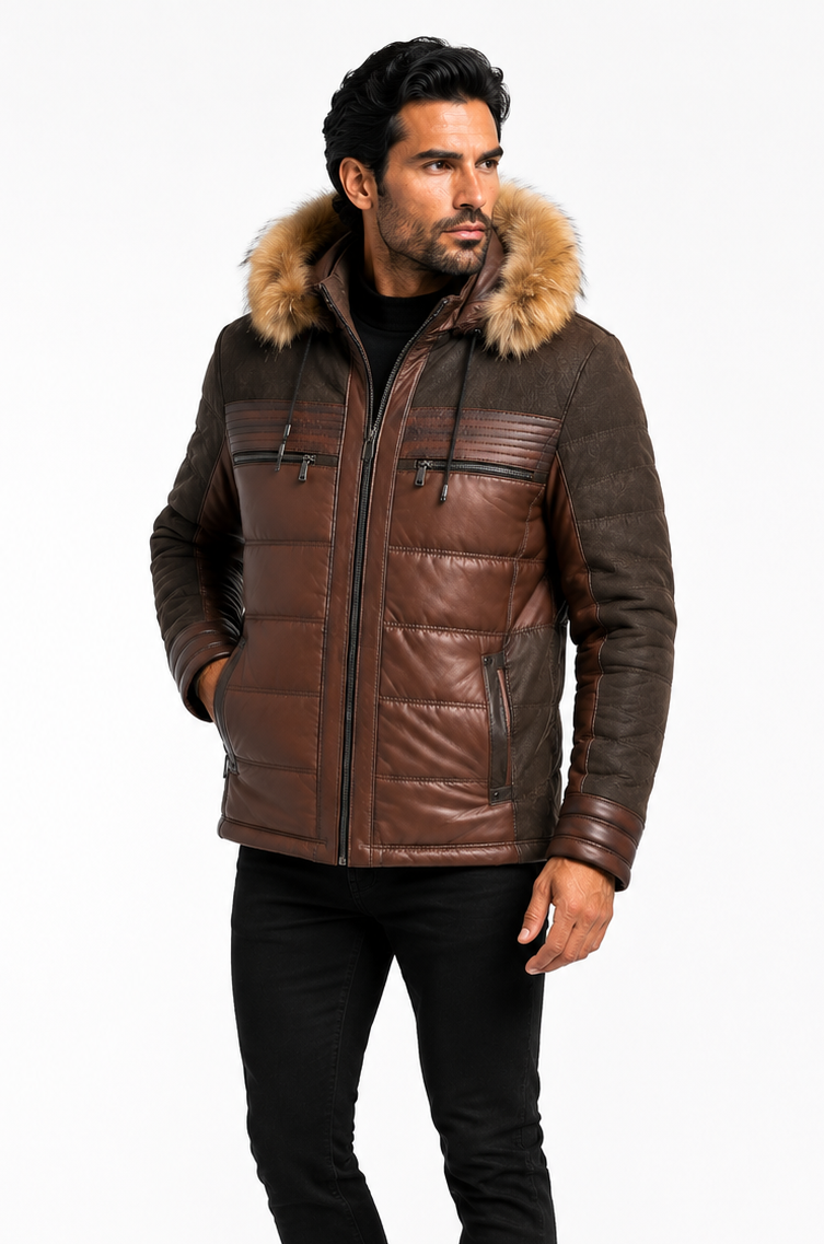 Eric Men's Premium Leather  Jacket with Natural Fur Hood