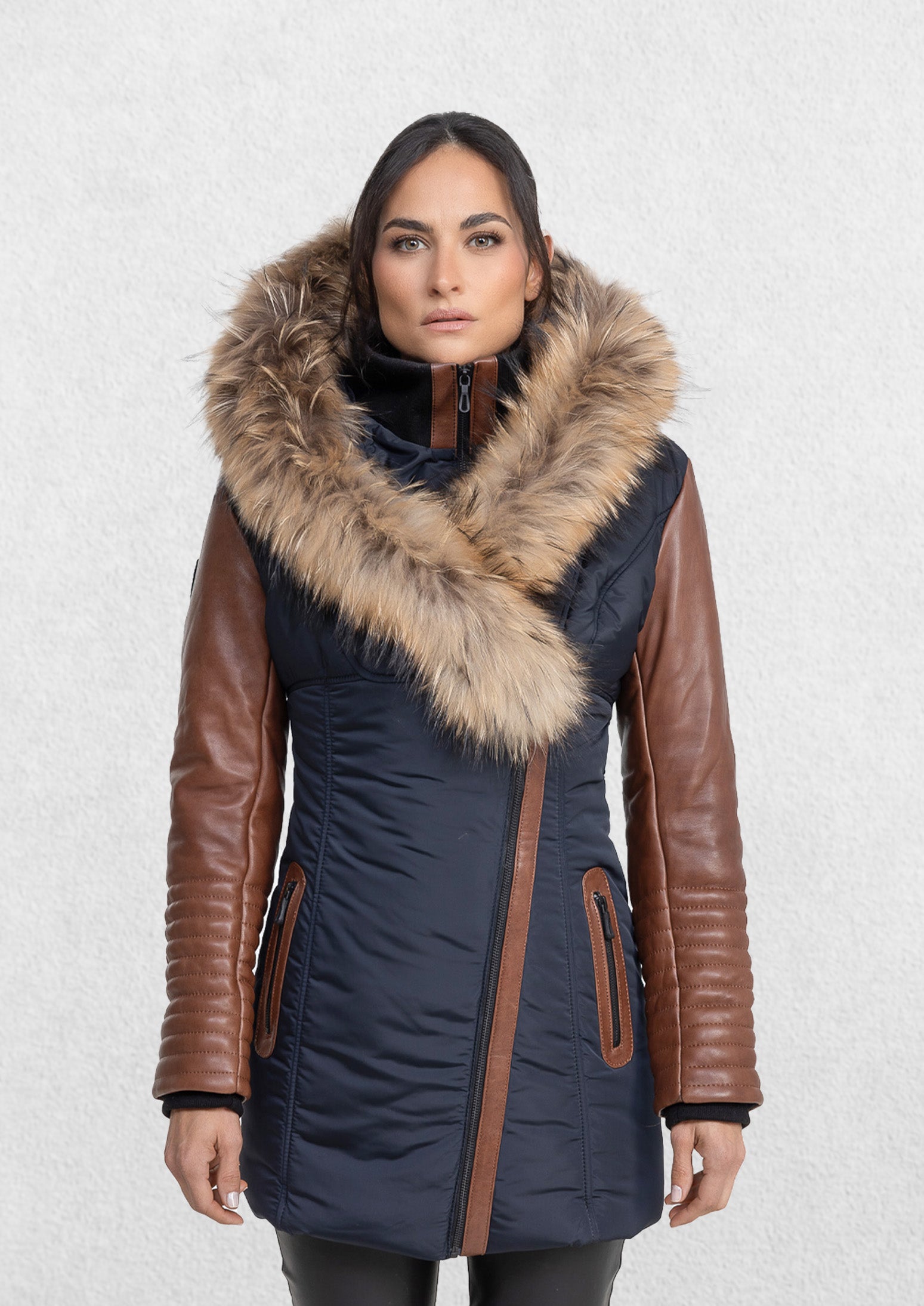 Melania Down Puffer With Leather Sleeves