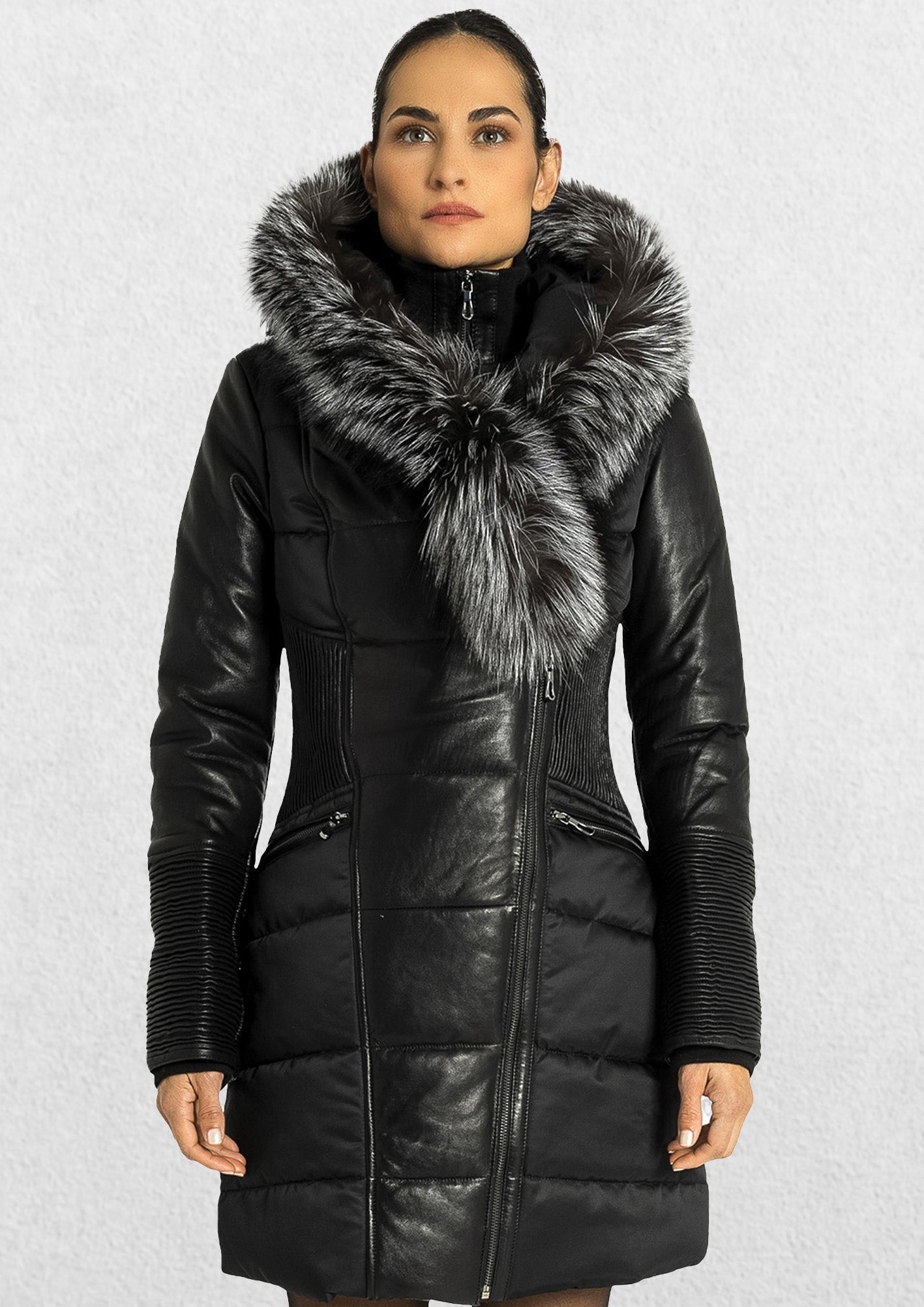 Kylie Leather Sleeve Parka - Silver Fox-thumbmail-2
