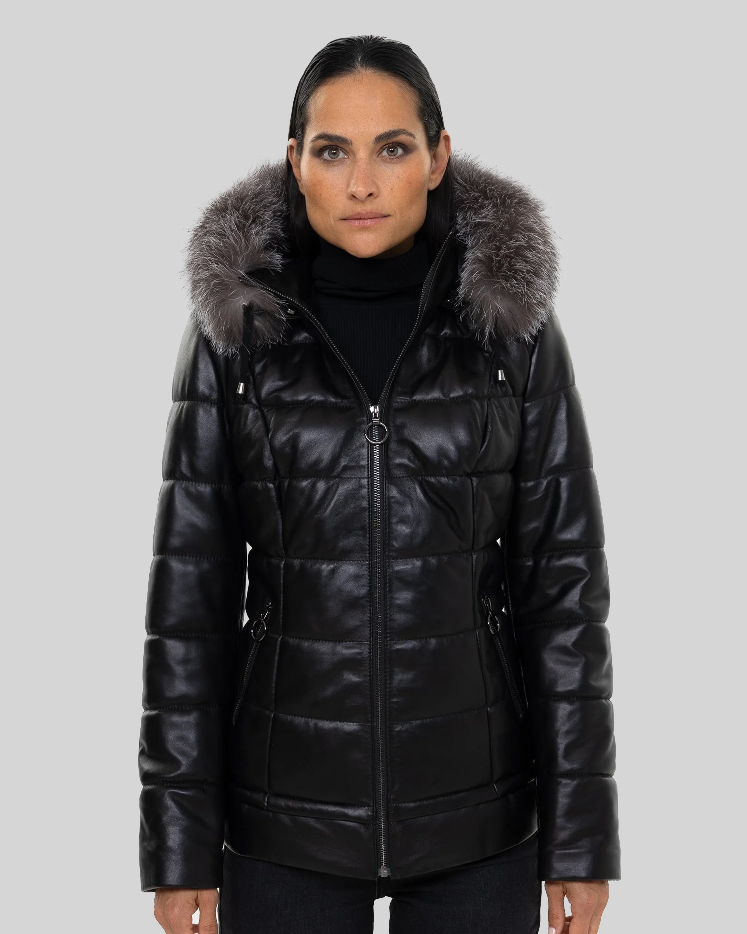 Lyanna Women's Leather Down Coat with Removable Fur-thumbmail-2