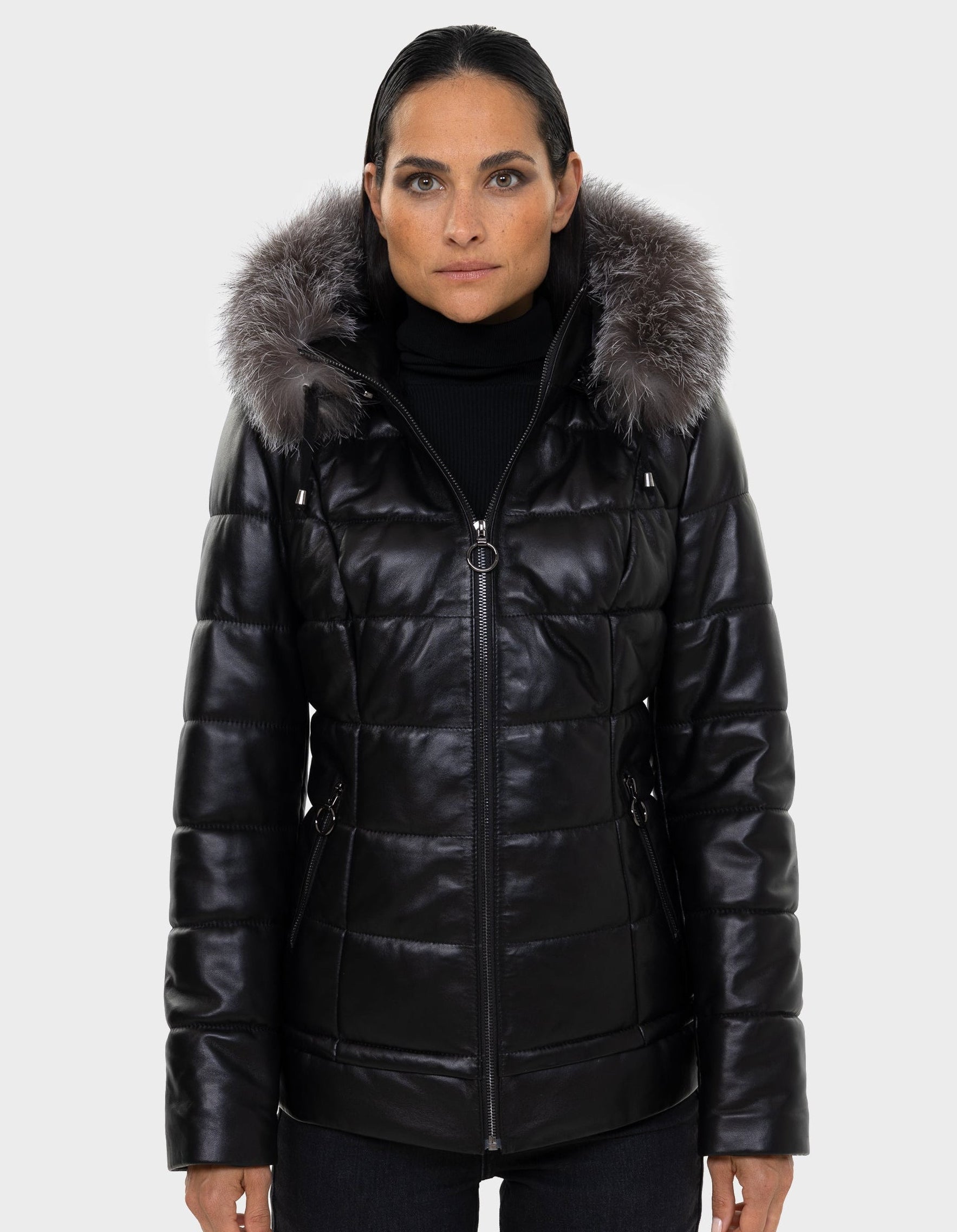 Lyanna Women's Leather Down Coat with Removable Fur-thumbmail-6