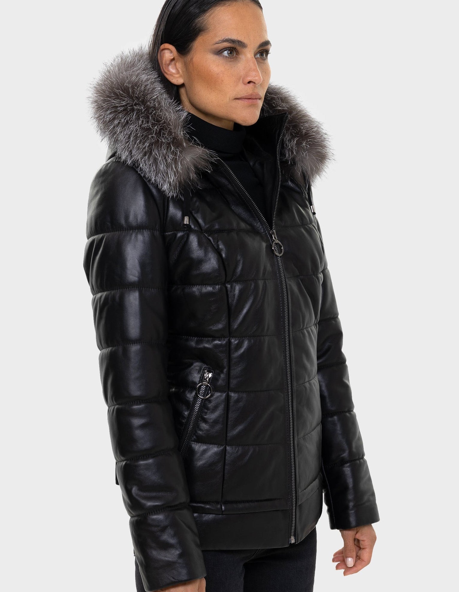 Lyanna Women's Leather Down Coat with Removable Fur-thumbmail-3