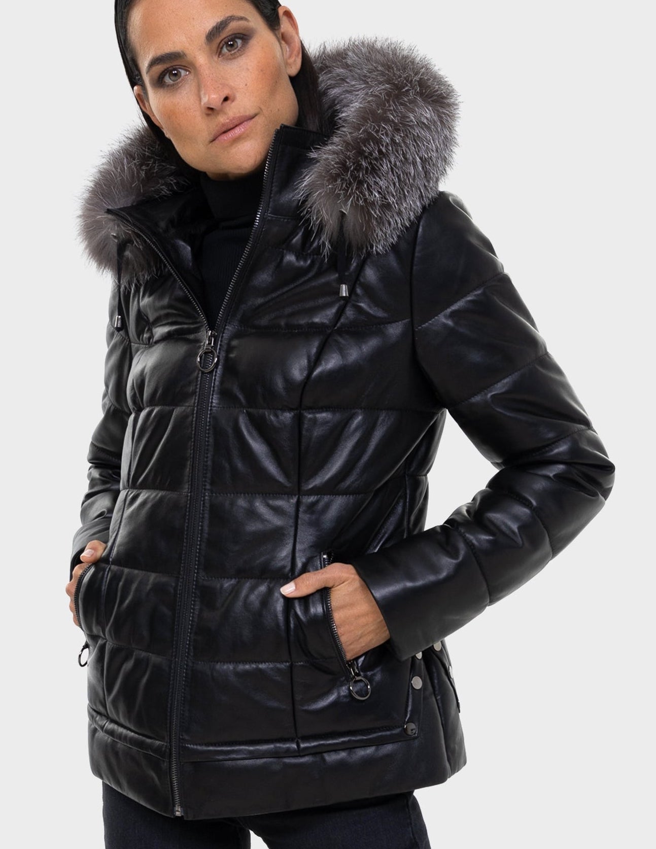 Lyanna Women's Leather Down Coat with Removable Fur-thumbmail-4