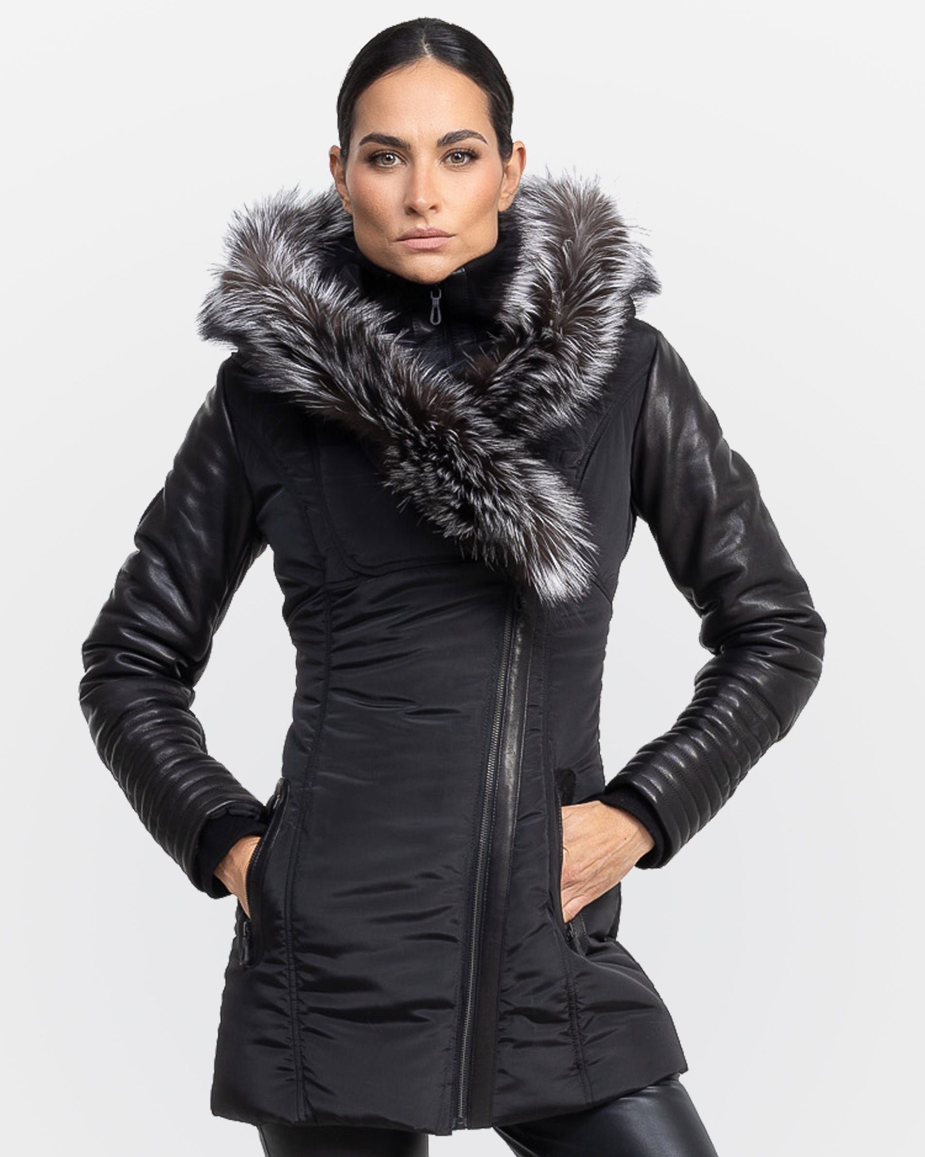 Melania - Silver Fox Puffer Jacket With Leather Sleeves-2