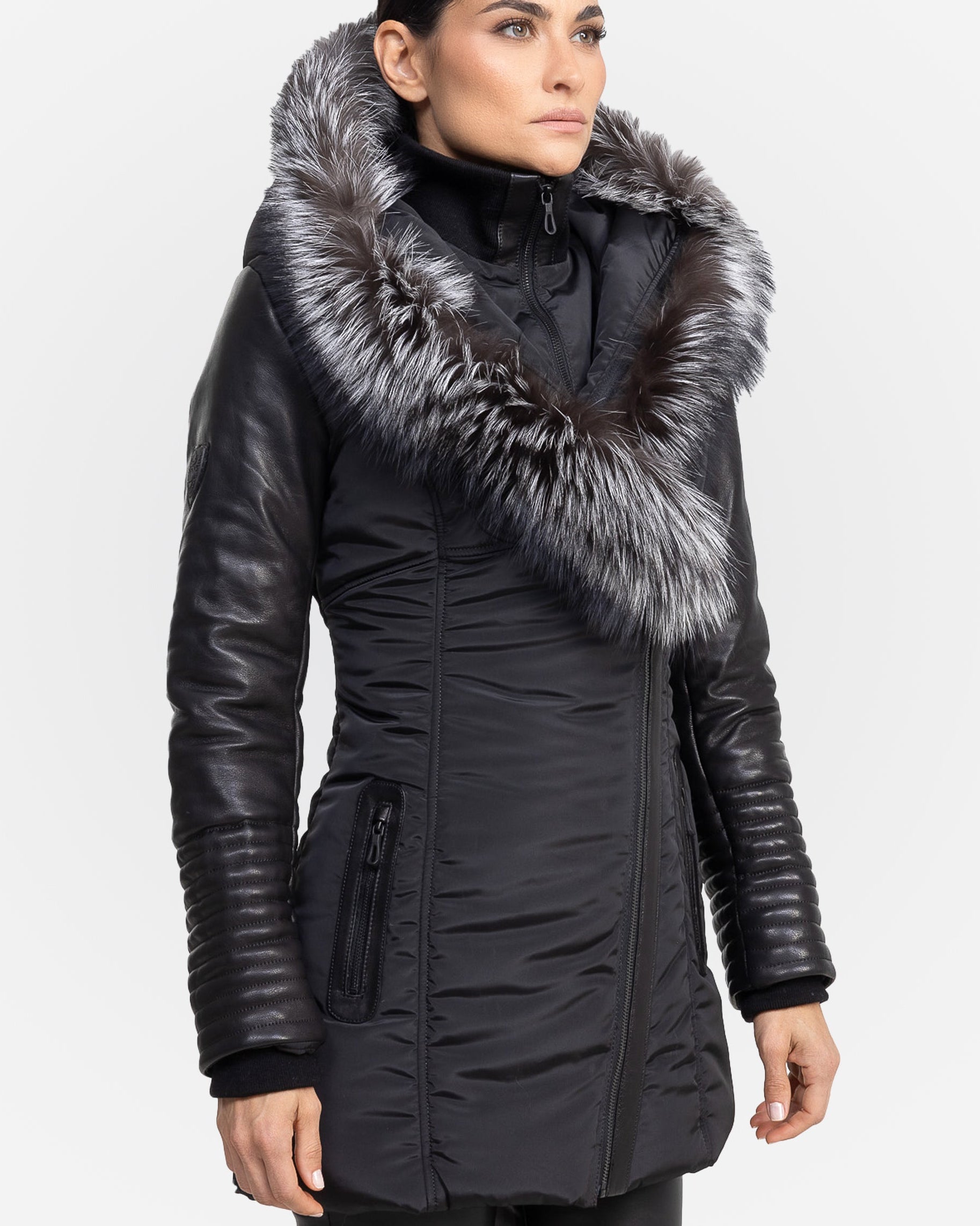 Melania - Silver Fox Puffer Jacket With Leather Sleeves-4