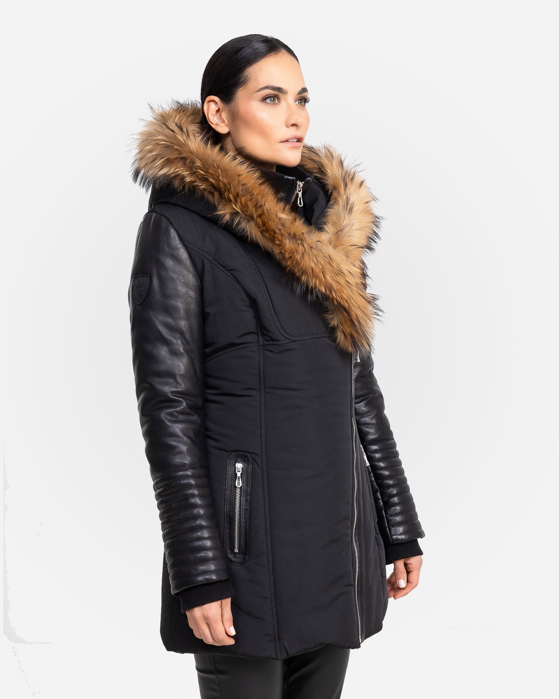 Melania Down Puffer With Leather Sleeves