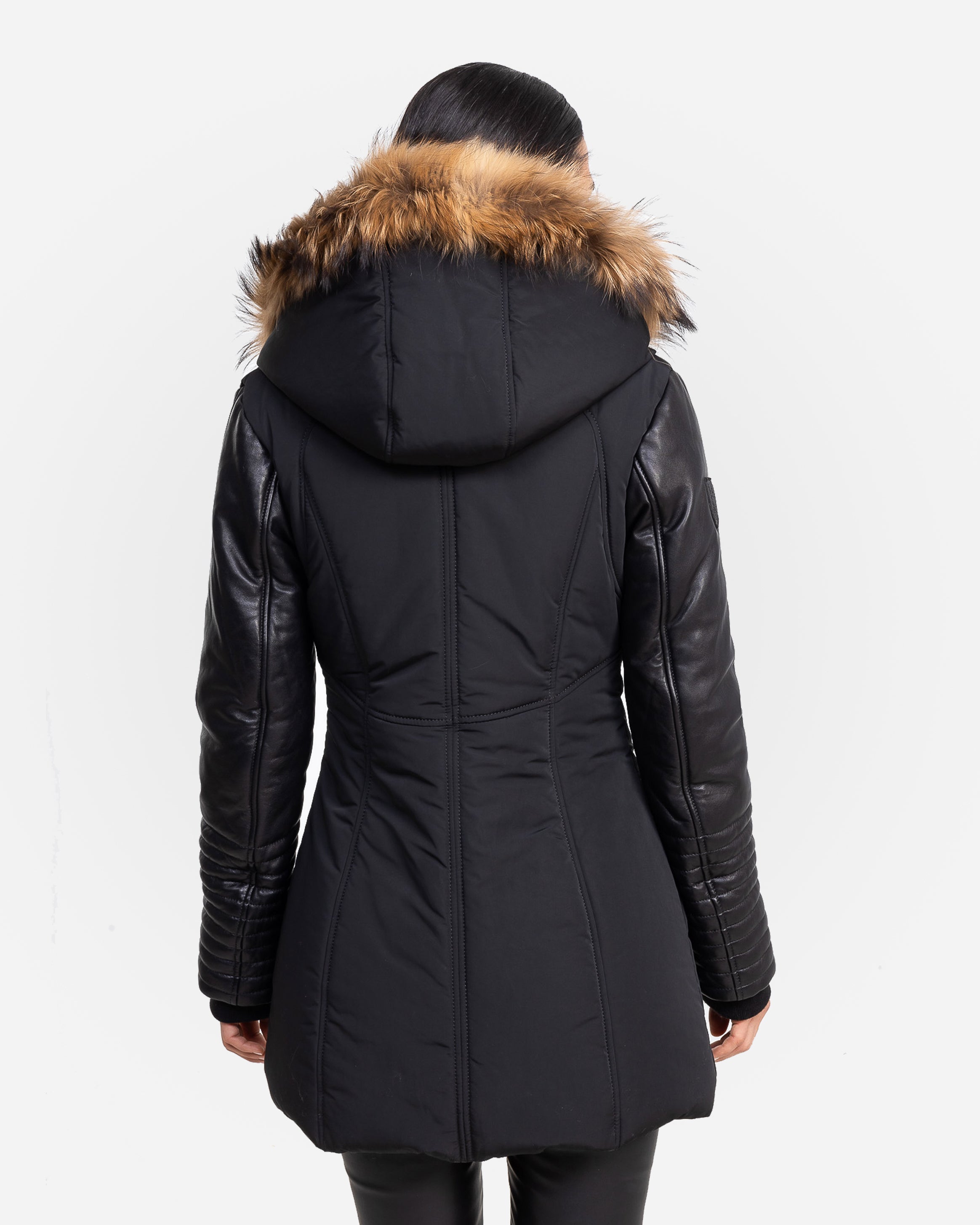 Melania Down Puffer With Leather Sleeves