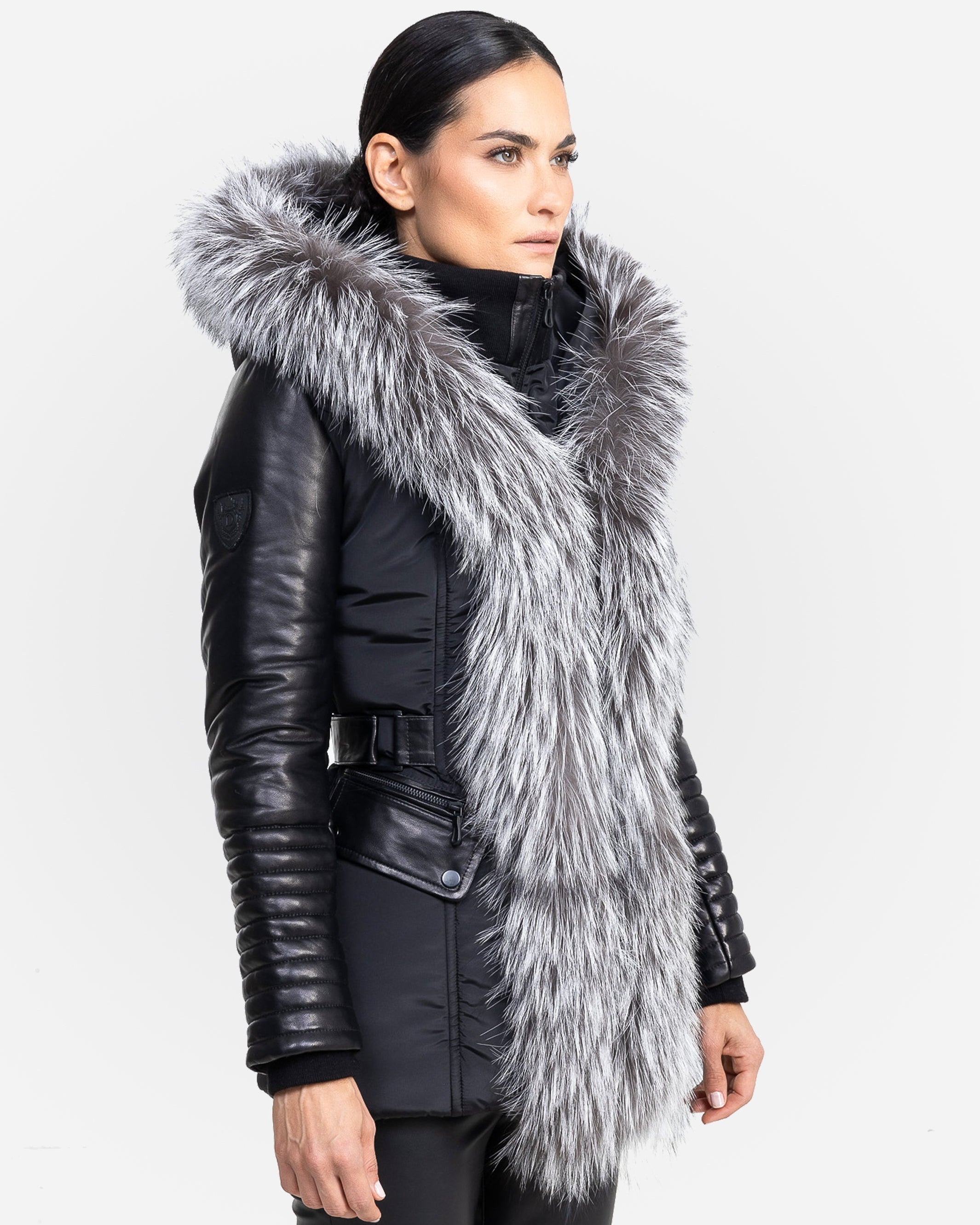 Kim Leather Sleeve Jacket with Silver Fox Fur-thumbmail-2