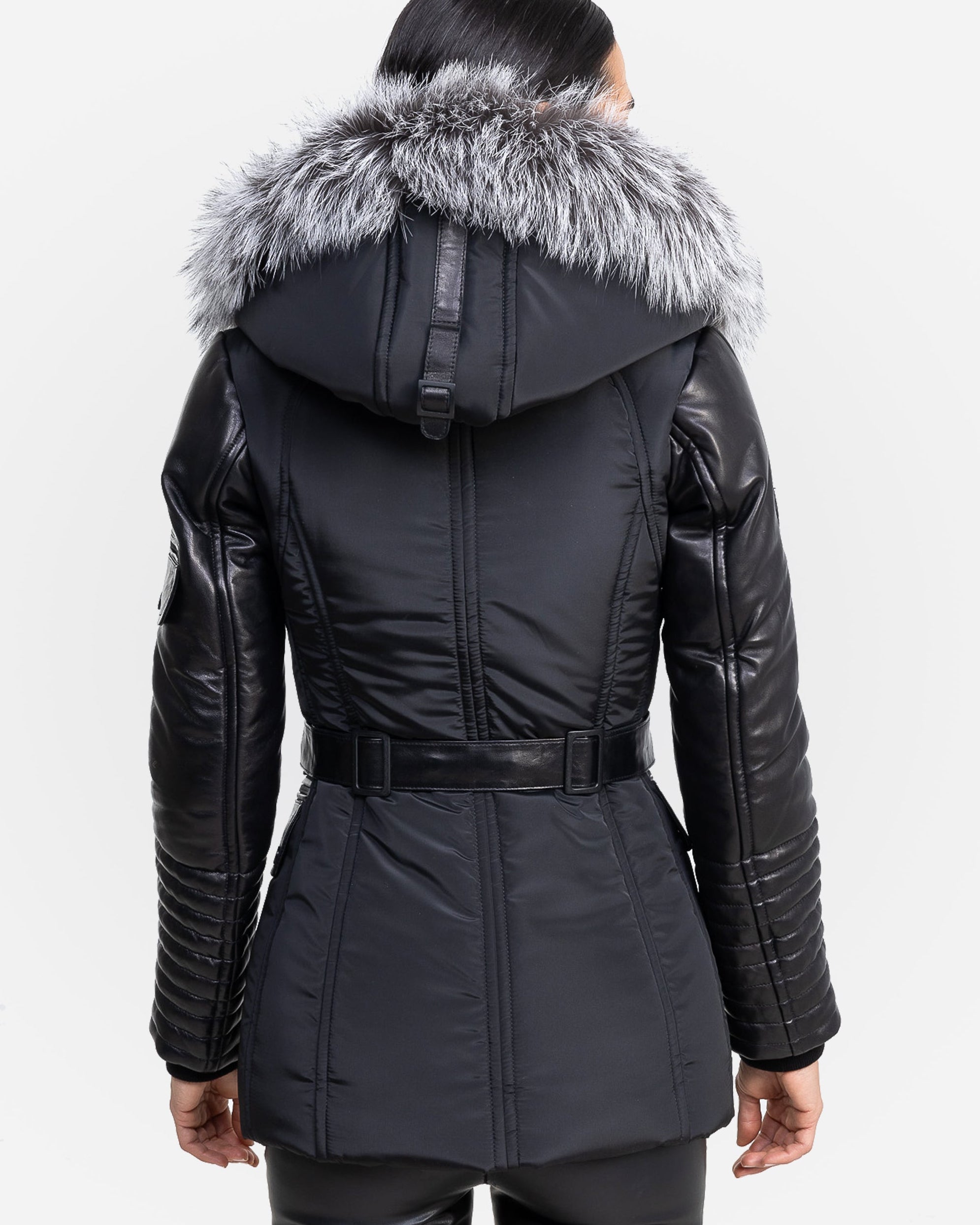 Kim Leather Sleeve Jacket with Silver Fox Fur-thumbmail-4