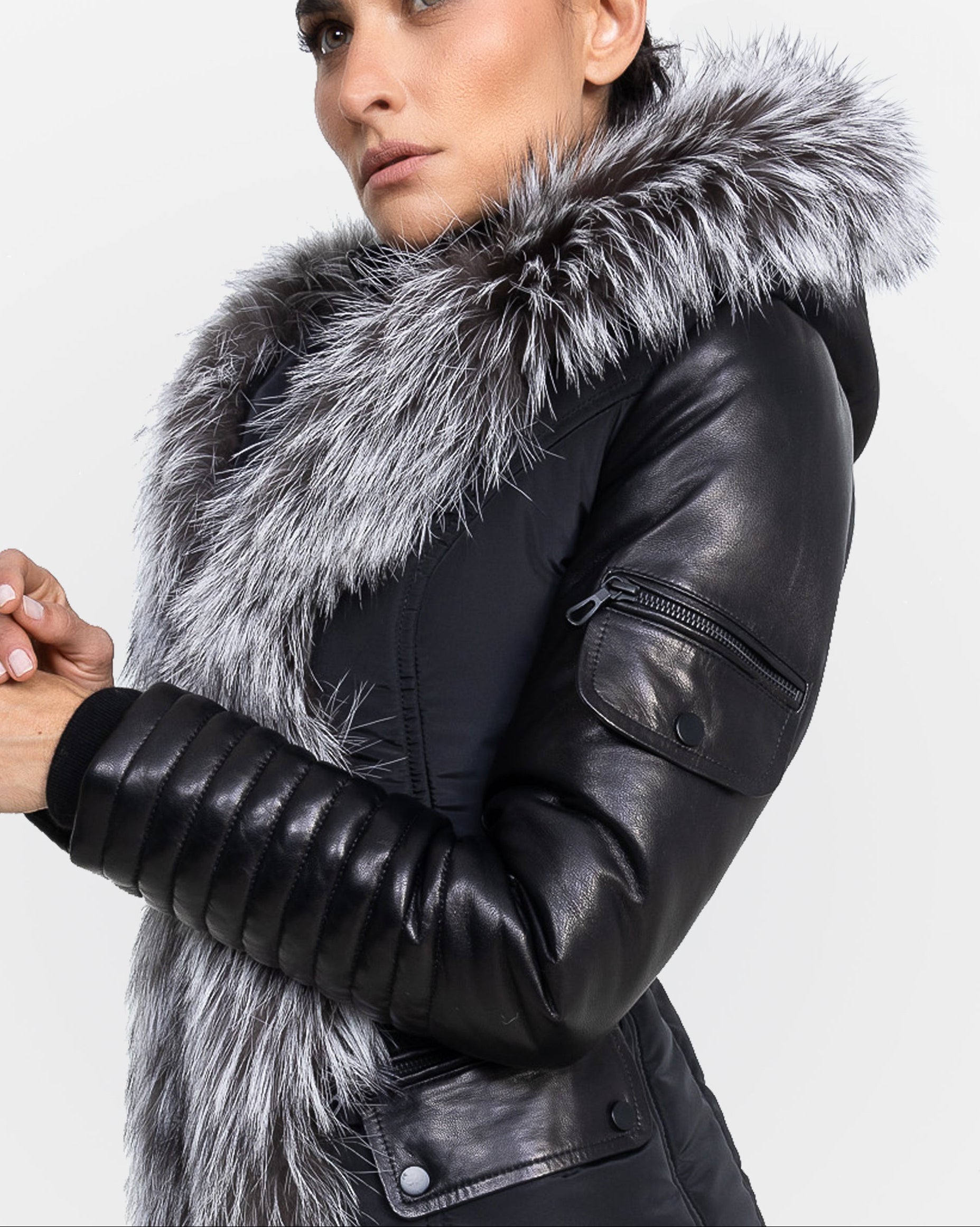 Kim Leather Sleeve Jacket with Silver Fox Fur-thumbmail-3