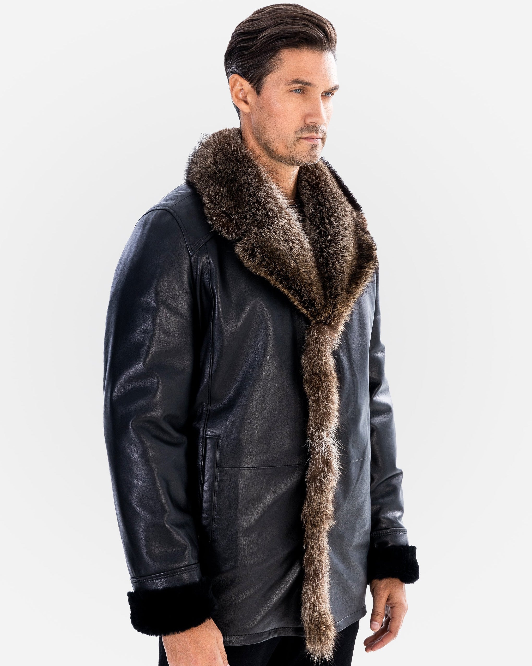 BRAD MEN'S  Genuine SHEARLING  JACKET with FOX FUR-thumbmail-2
