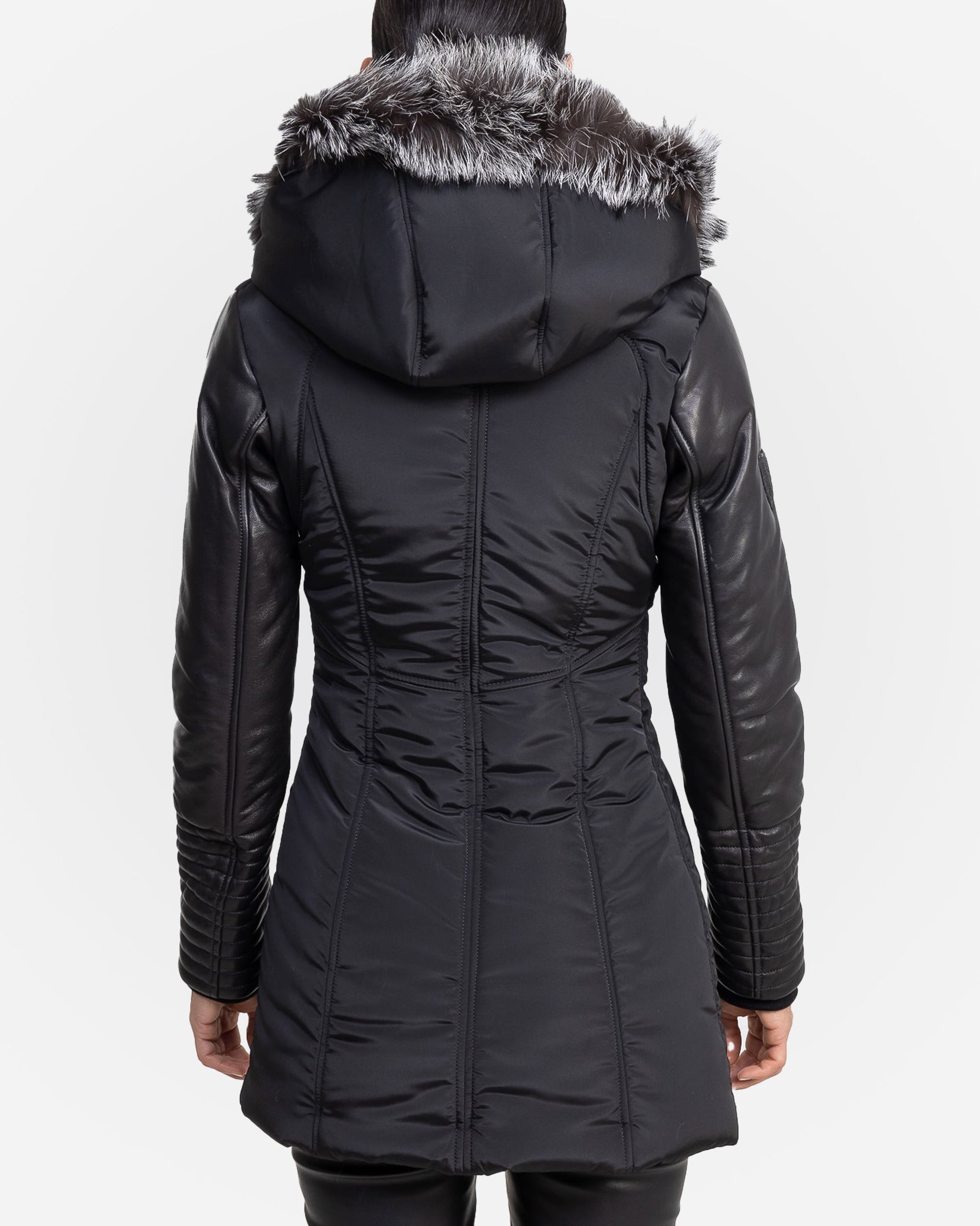 Melania - Silver Fox Puffer Jacket With Leather Sleeves-3