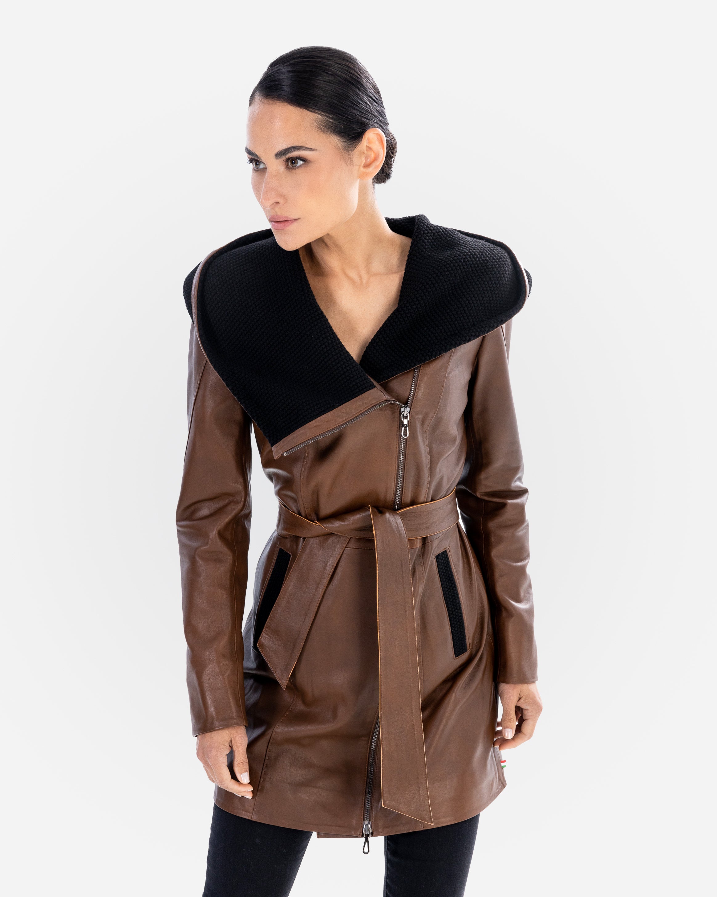 Lucie Leather Trench Coat - Brown