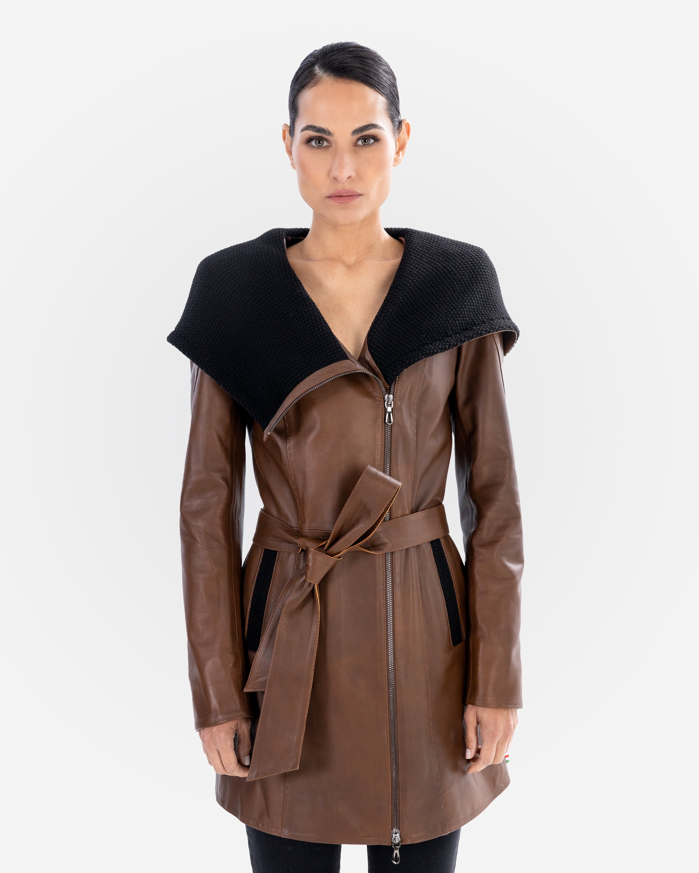 Lucie Leather Trench Coat - Brown