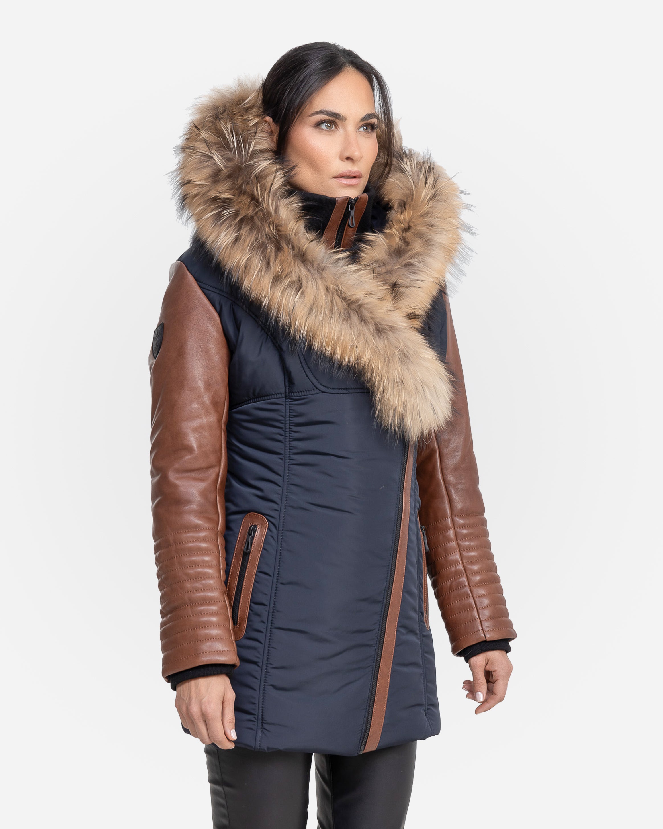 Melania Down Puffer With Leather Sleeves