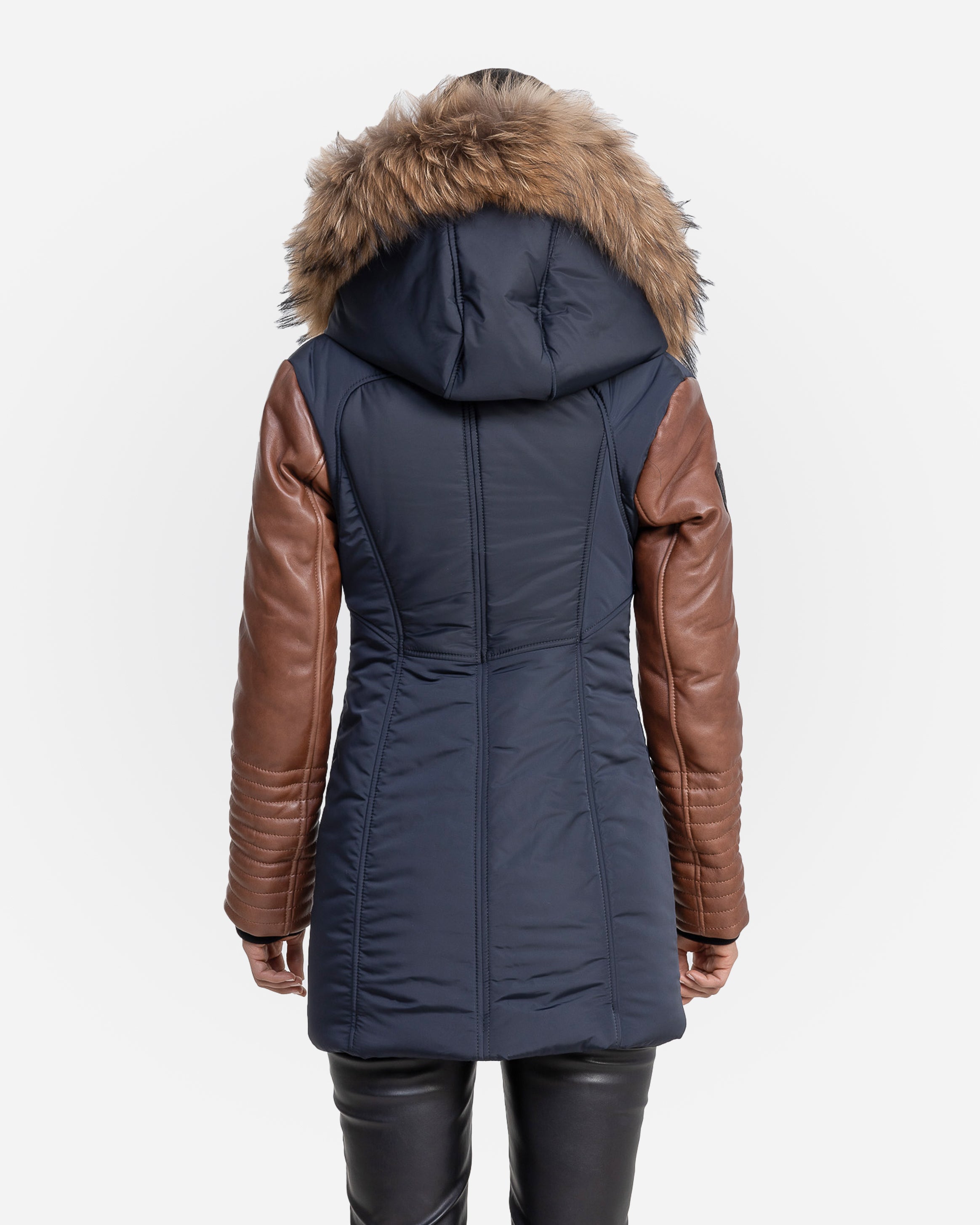 Melania Down Puffer With Leather Sleeves