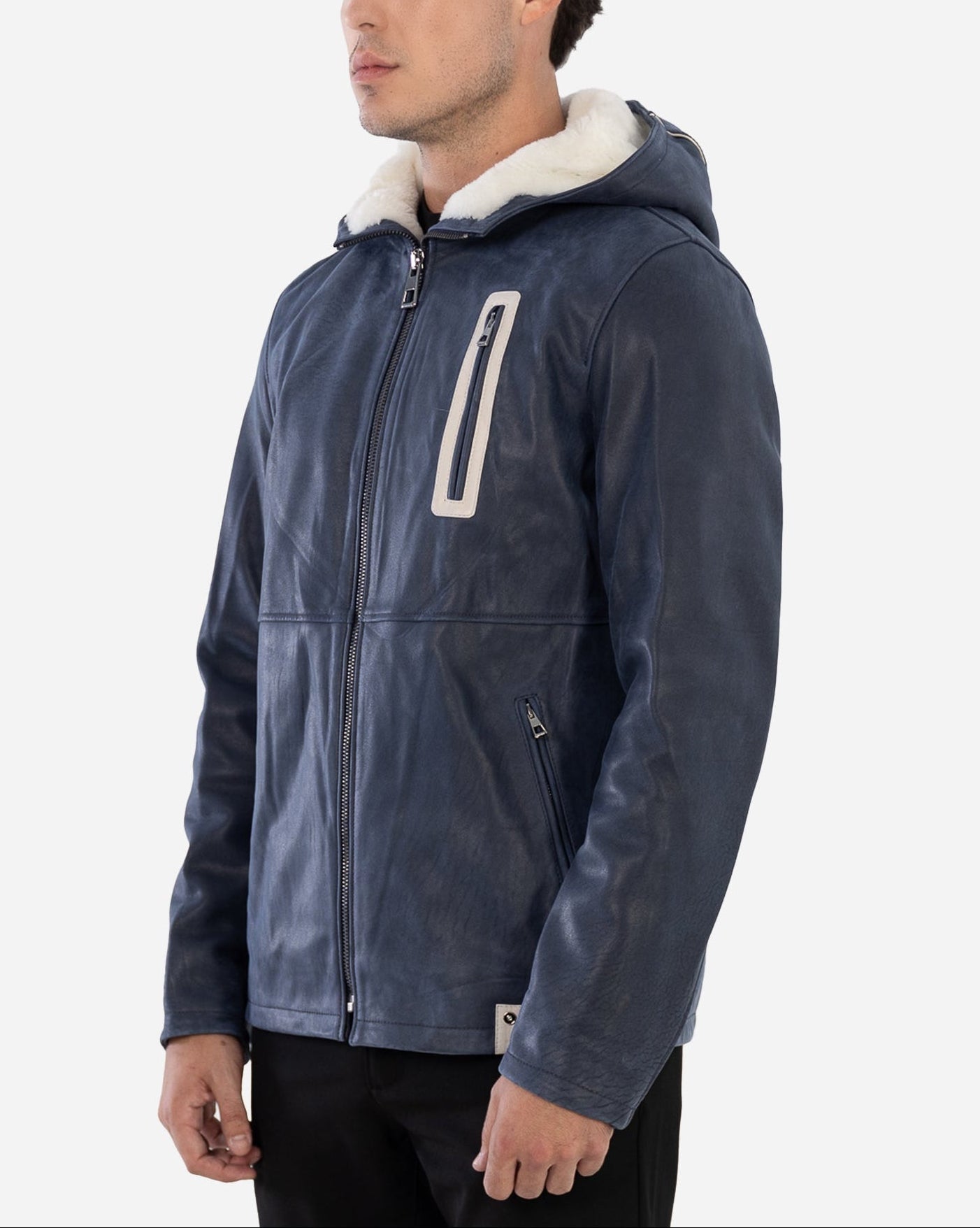 Philippe Leather Jacket - Contrast white shearling hood lining-3