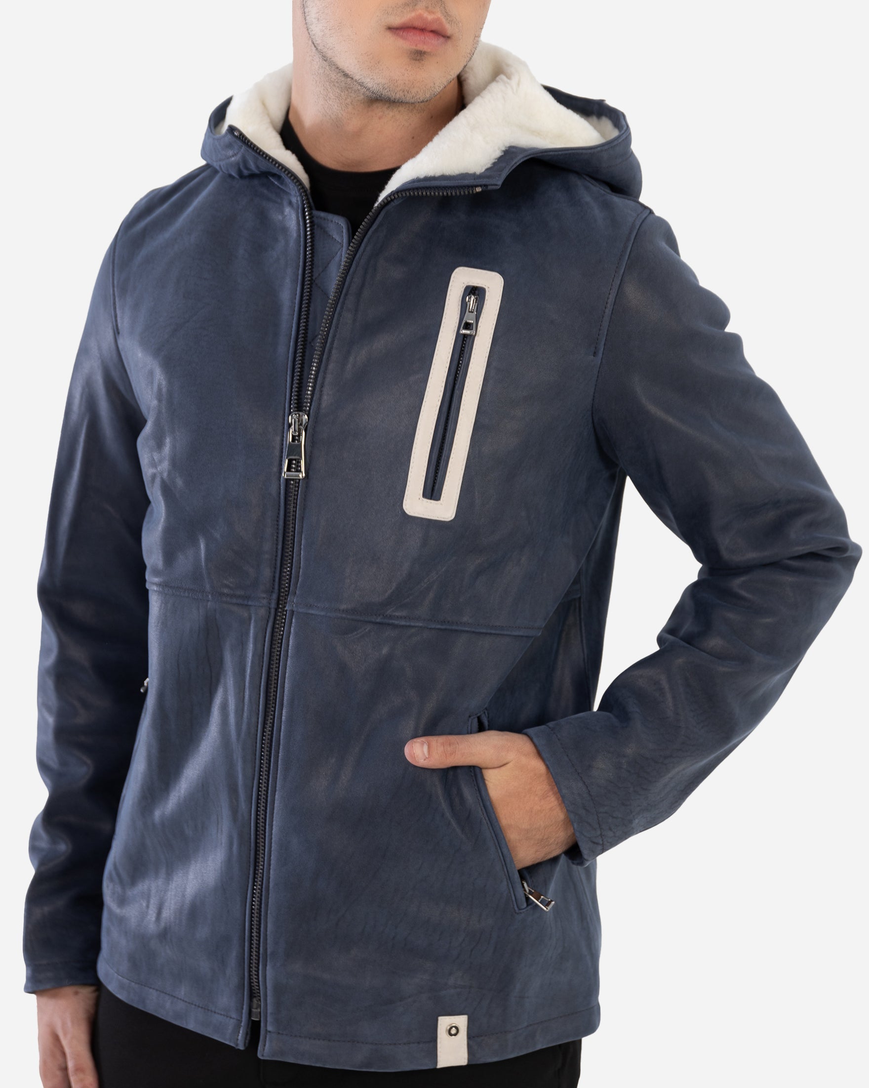 Philippe Leather Jacket - Contrast white shearling hood lining-2